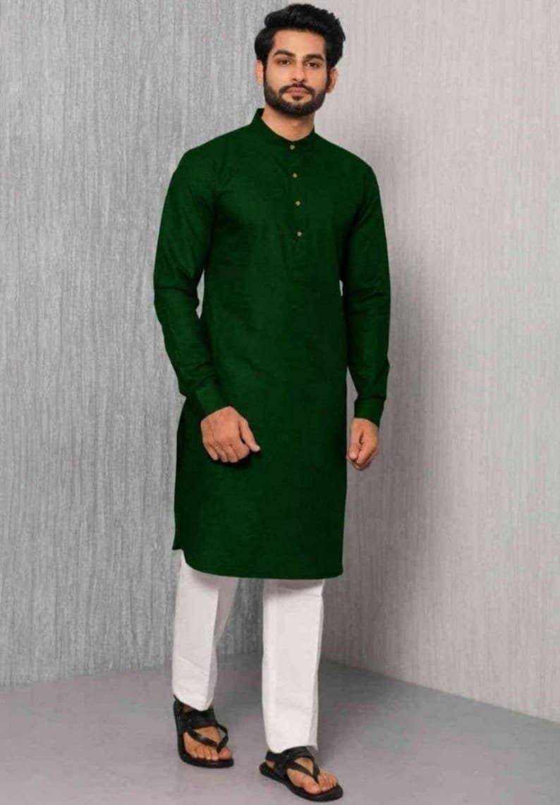 Men's Dark Green Cotton Silk Kurta Pajama Set: Party Wear