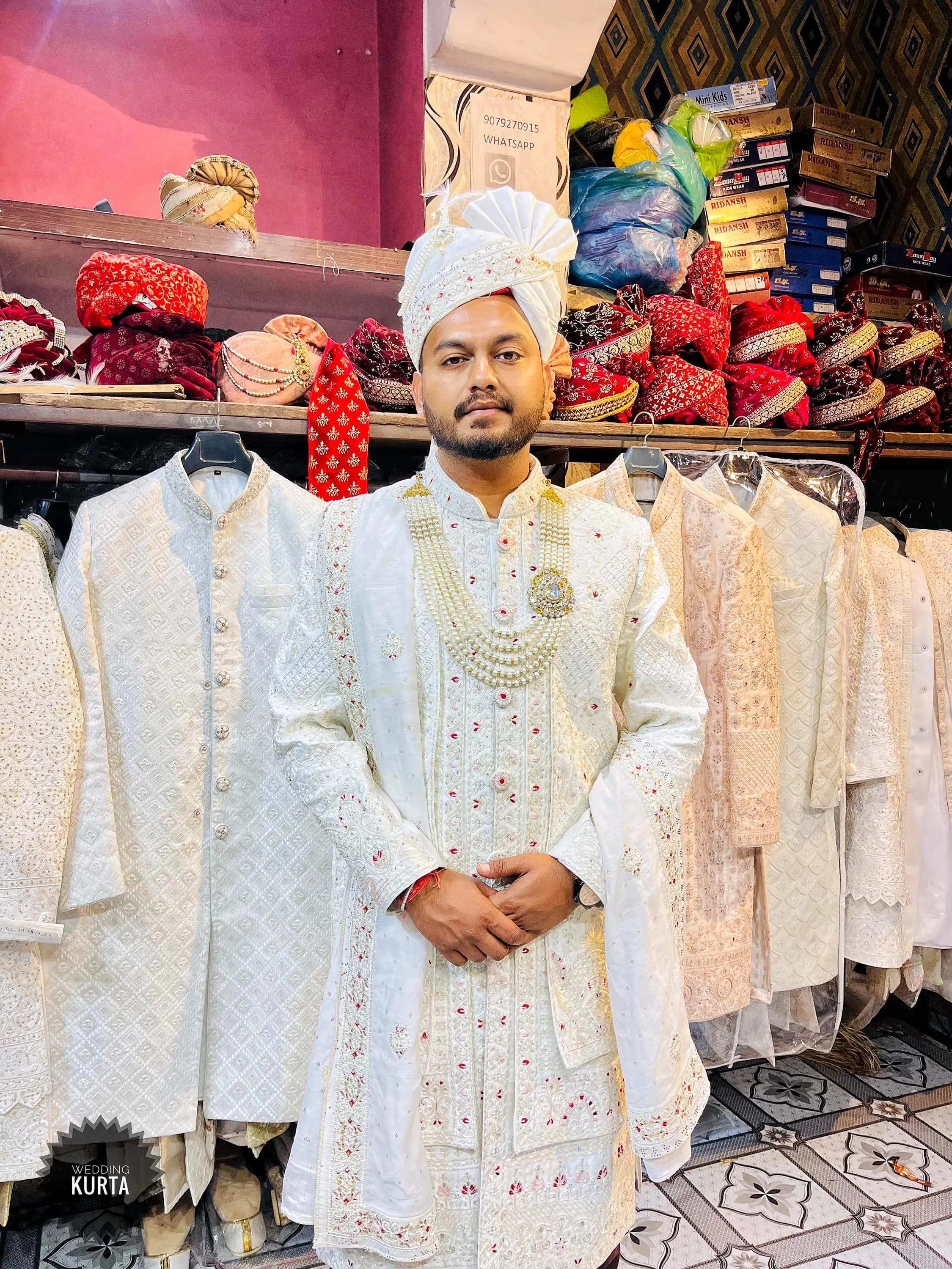 White Embroidered Sherwani: Turban, Mala & Dupatta - Groom Wedding Outfit