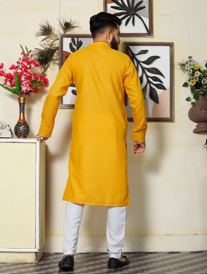 Men's Haldi Yellow Cotton Kurta Pajama Set - image 4