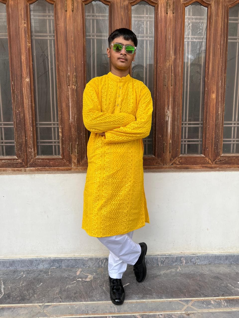 Yellow Paisley Chikankari Cotton Kurta Set: Mens Embroidered Wedding Outfit - image 5