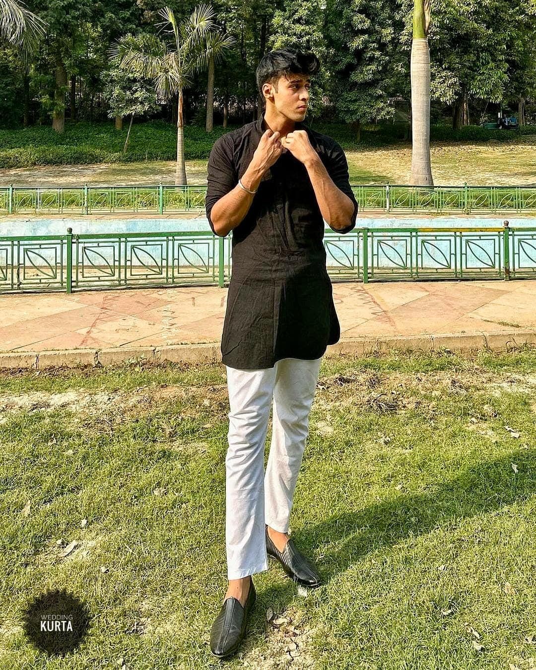 Black Cotton-Silk Kurta: Men's Wedding Shirt, 40-Inch Length - image 3