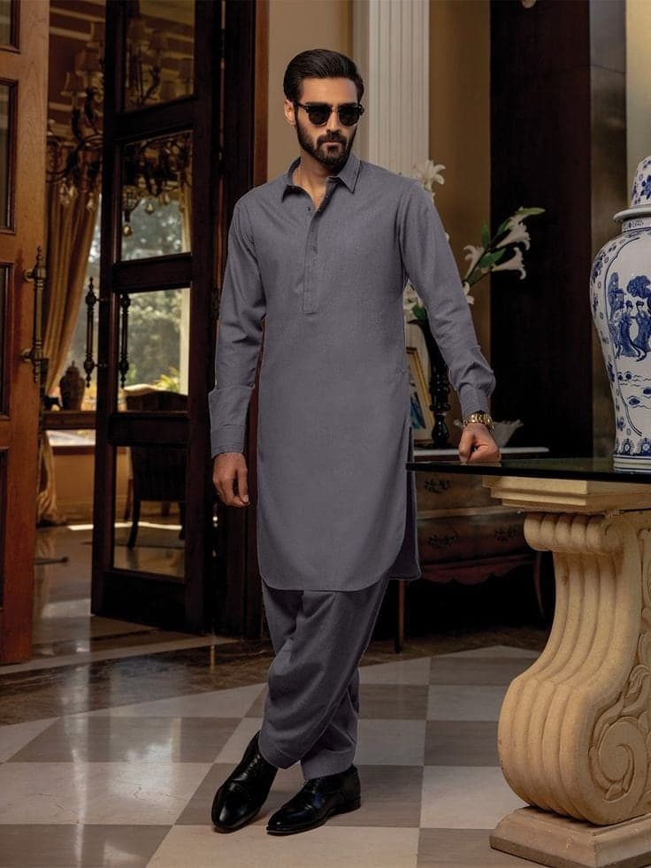 Handmade Cotton Kurta Pajama Set: Grey Pakistani Wedding Wear