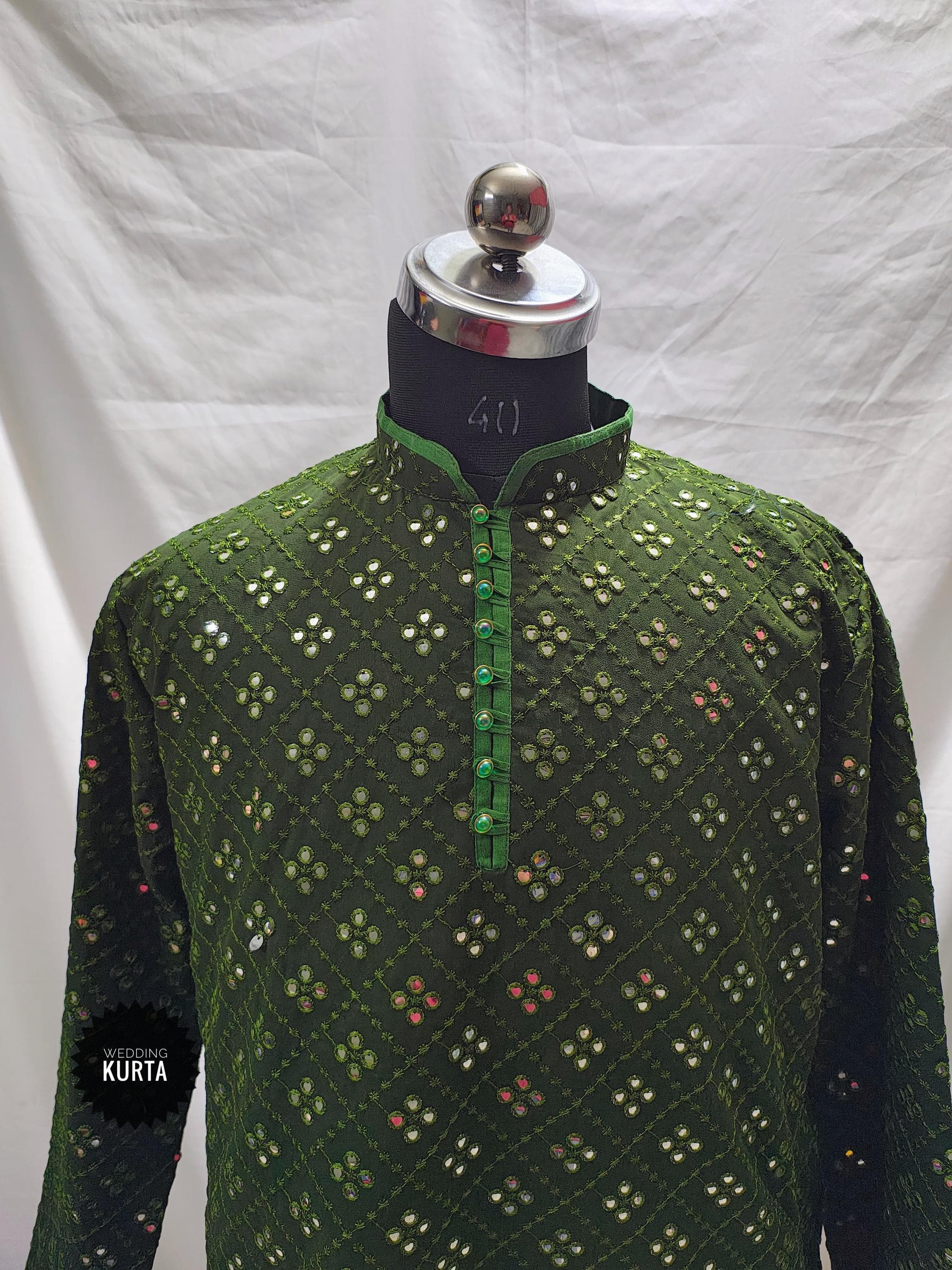 Mehndi Green Cotton Chikankari Kurta with Mirror Embroidery - image 4