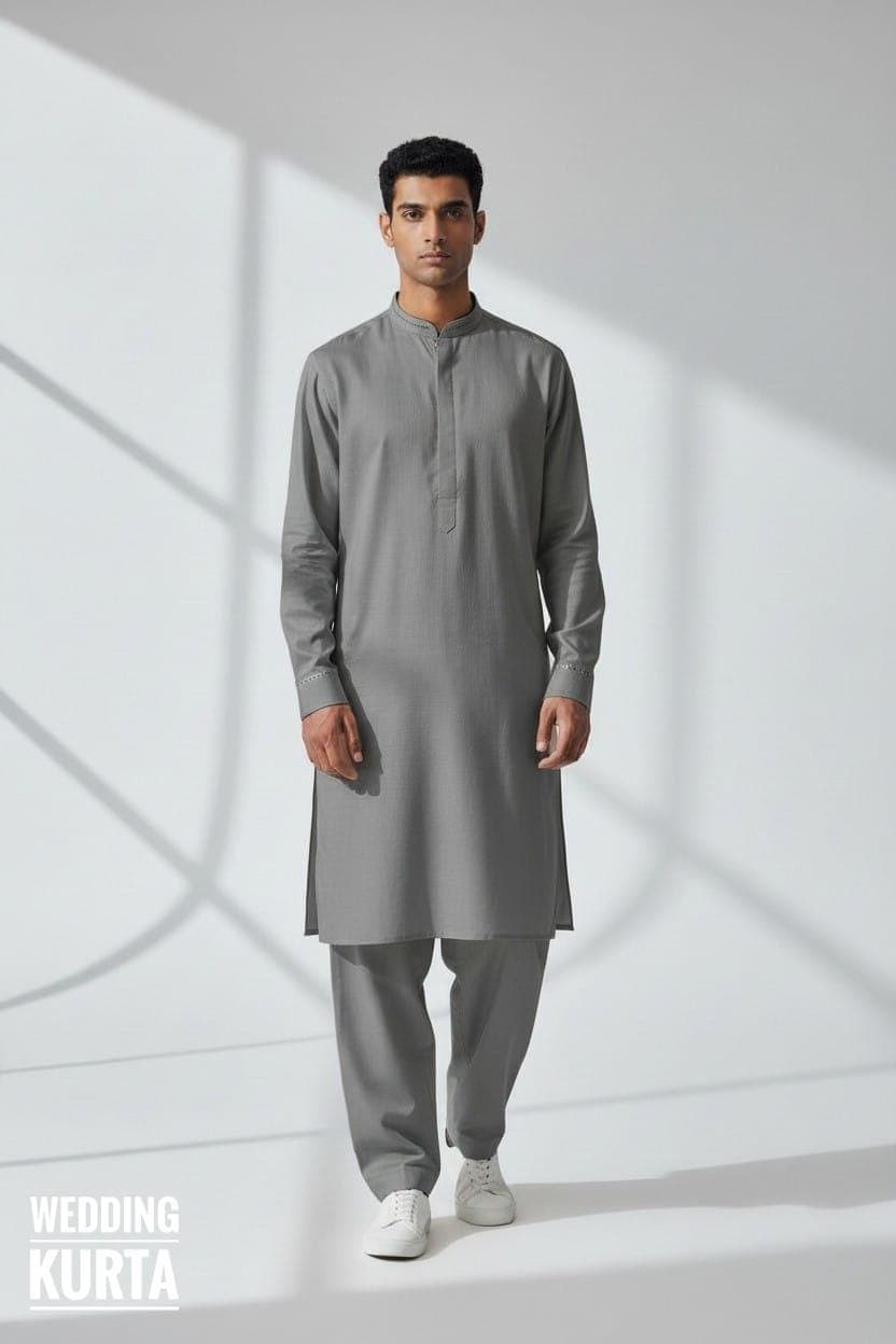 Men's Grey Eid Special Men Kurta Pajama – Traditional Islamic Clothing for Ramadan & Friday Prayer