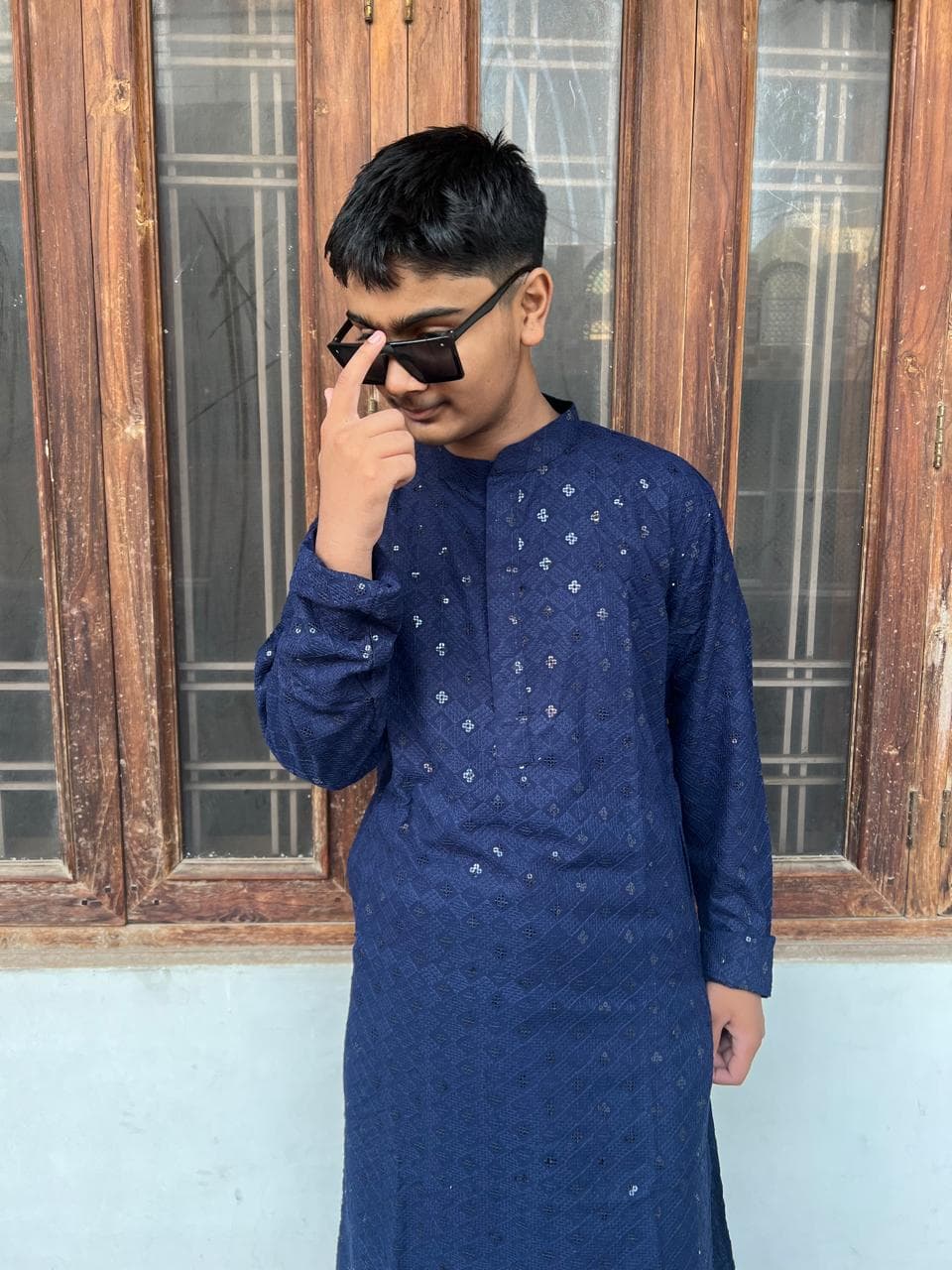 Blue Mirror Embroidery Kurta Pyjama: Men's Party Wear Suit - image 3