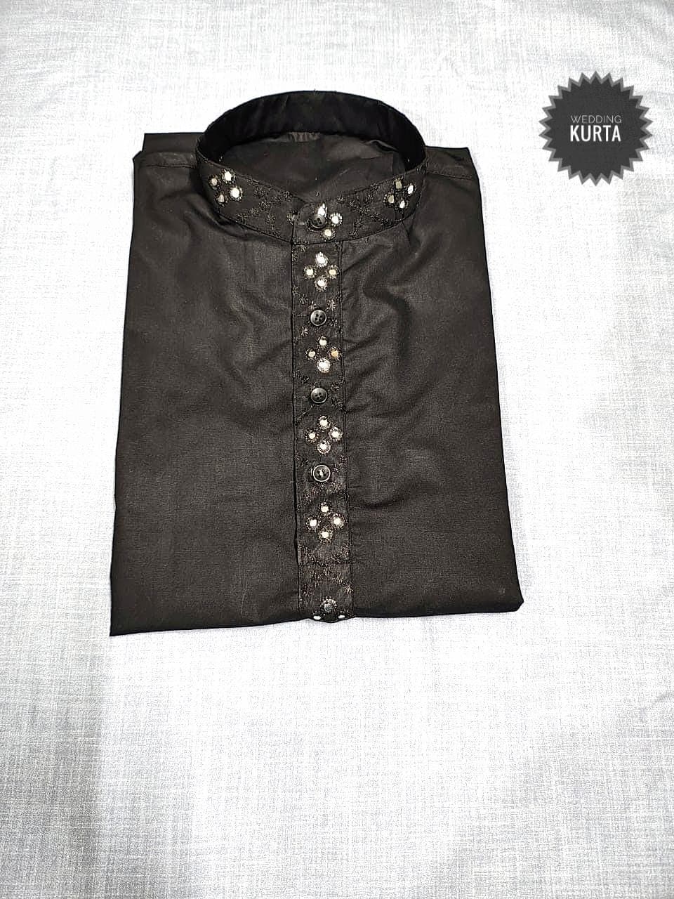 Men's Black Kurta Pyjama Set with Mirror Work Nehru Jacket - image 3