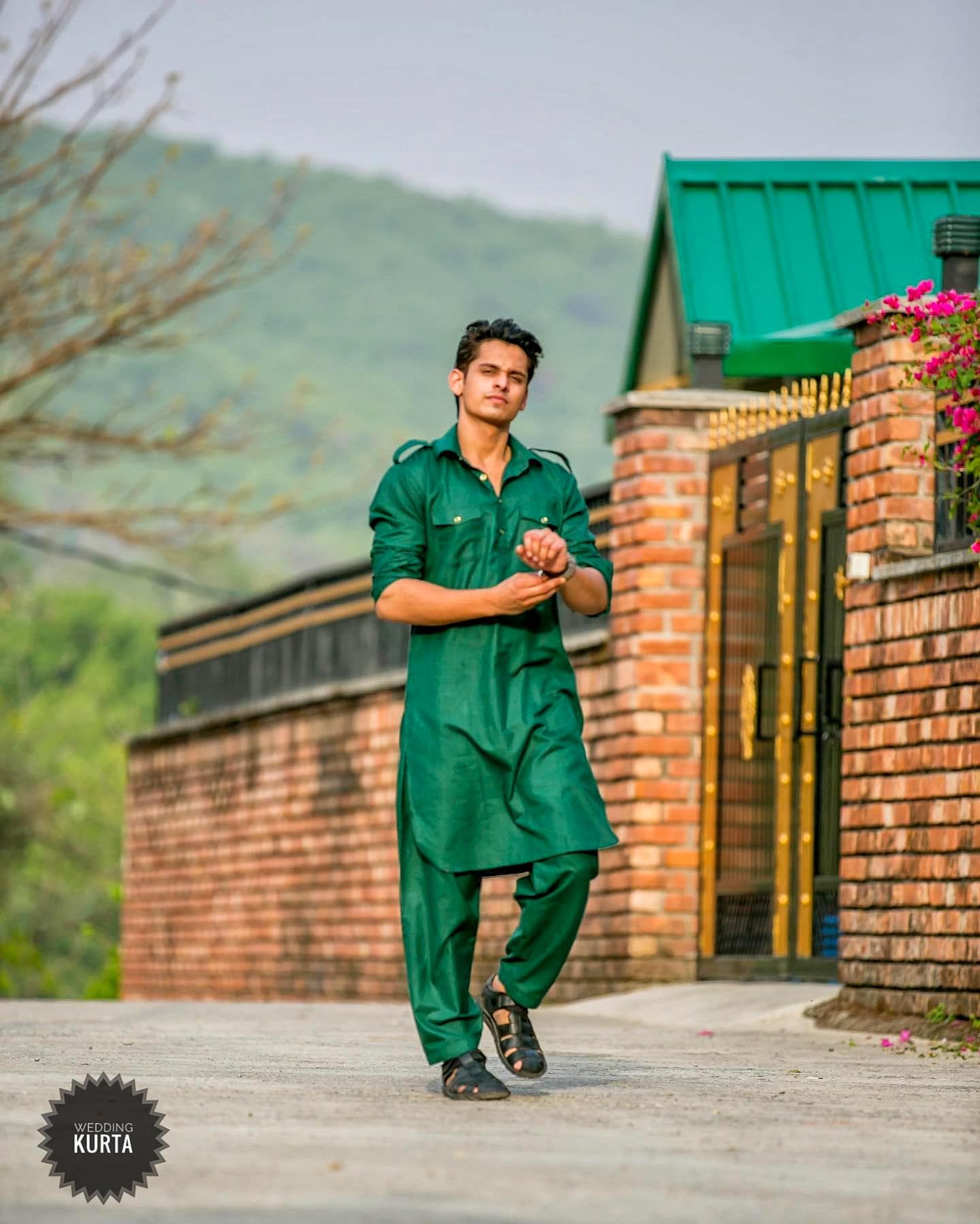 Dark Green Cotton Pathani Suit Set: Men's Punjabi Kurta - image 3