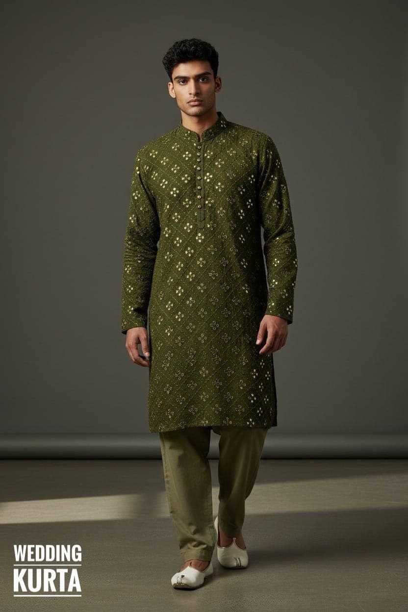 Man Mehndi Green Kurta & Matching Color Pyjama - Indian Style Luppi Mandarin Collar Kurta Sets