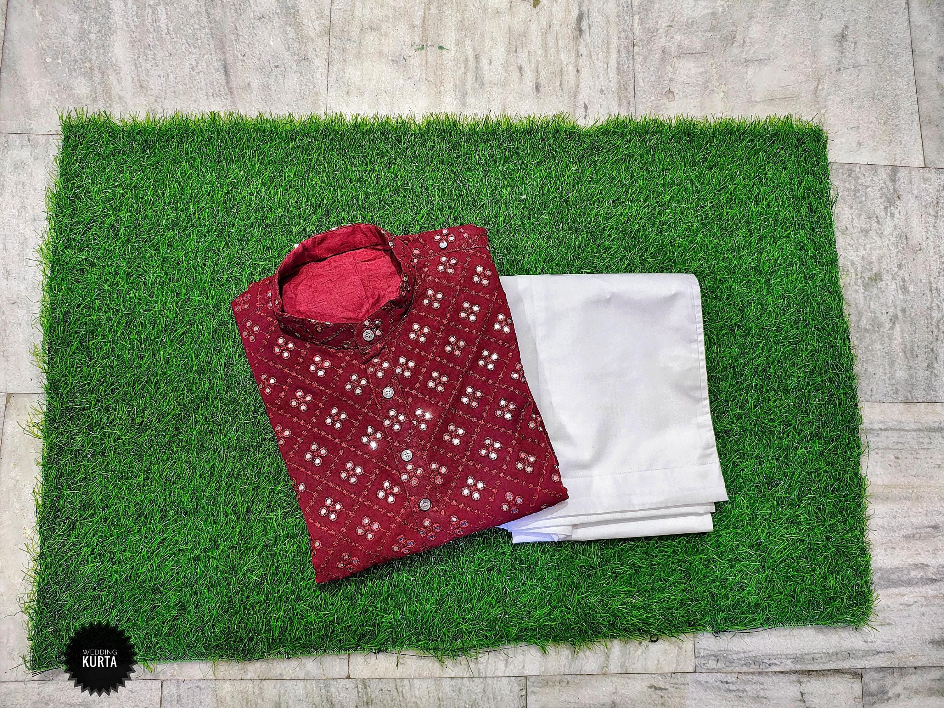 Maroon Embroidered Kurta Pajama: Indian Wedding Sherwani Outfit
