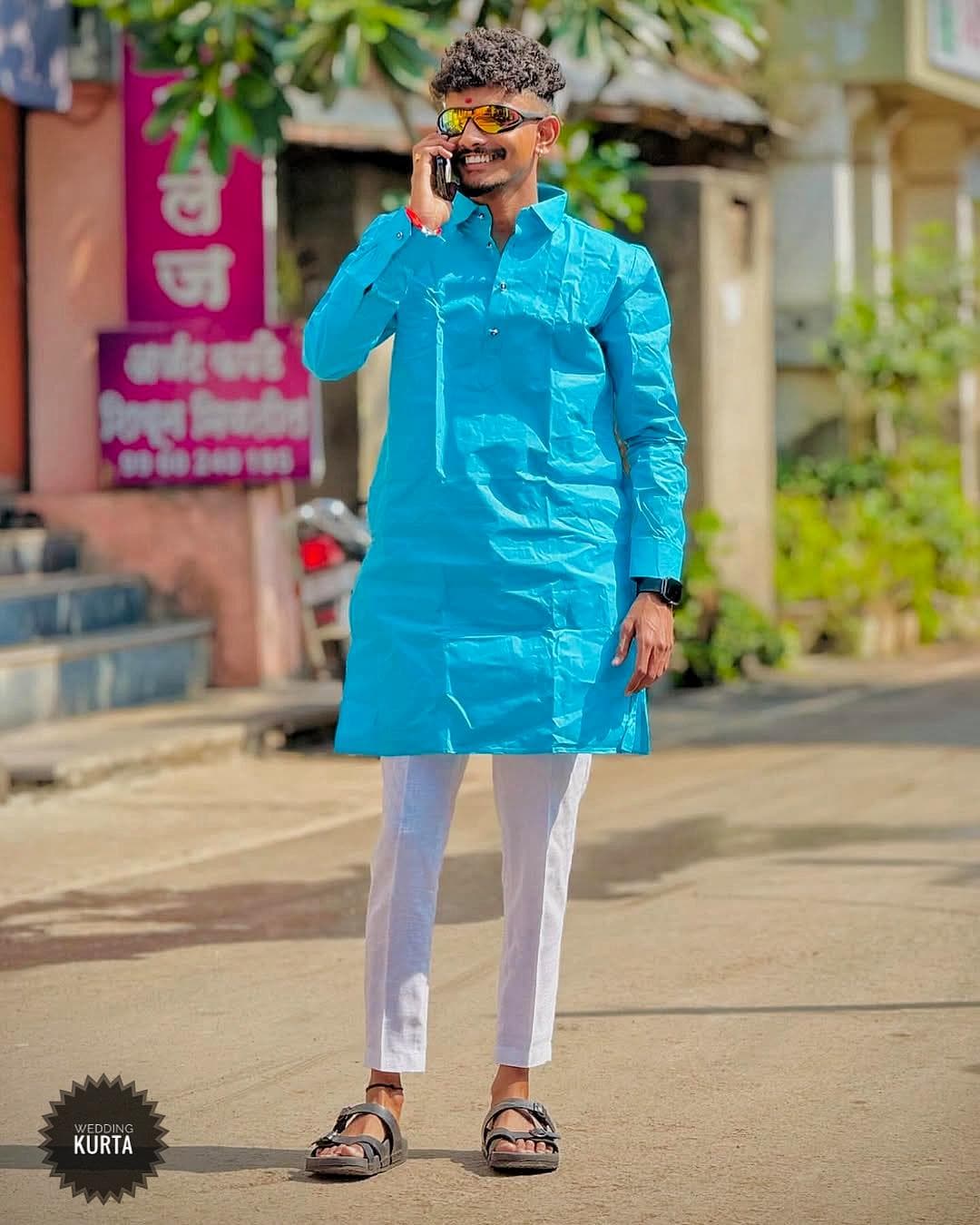 Light Blue Kurta Pajama Set: Organic Cotton Indian Meditation Suit
