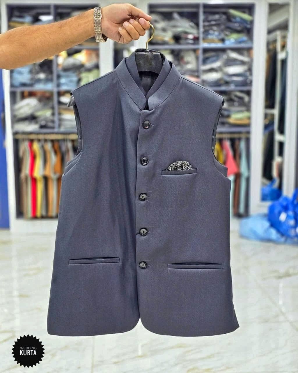 Grey Nehru Jacket Vest: Men's Wedding Waistcoat