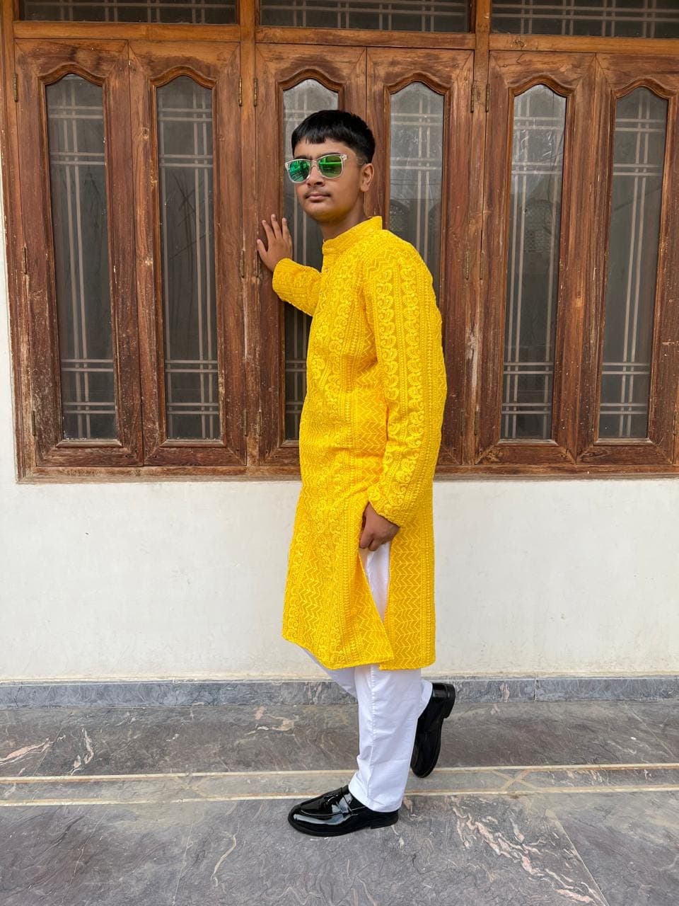 Yellow Paisley Chikankari Cotton Kurta Set: Mens Embroidered Wedding Outfit - image 4