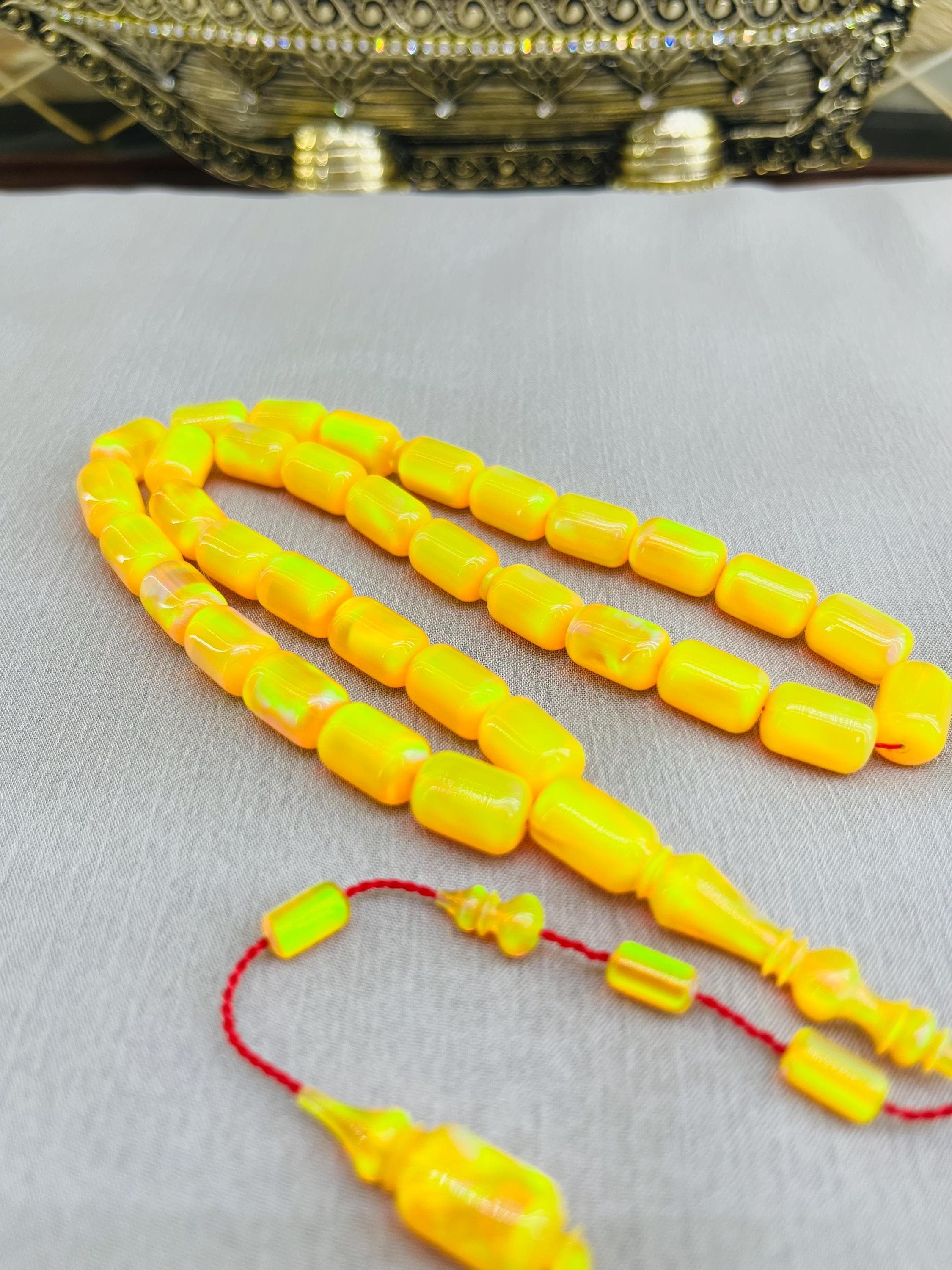 Yellow Opal, 12x8mm Islamic Prayer Beads, Muslim Rosary, Tasbeeh 33, Collectible Tasbih, Blue Opal Tasbih, Luxury Beads, Gift for Muslim Dad - image 3