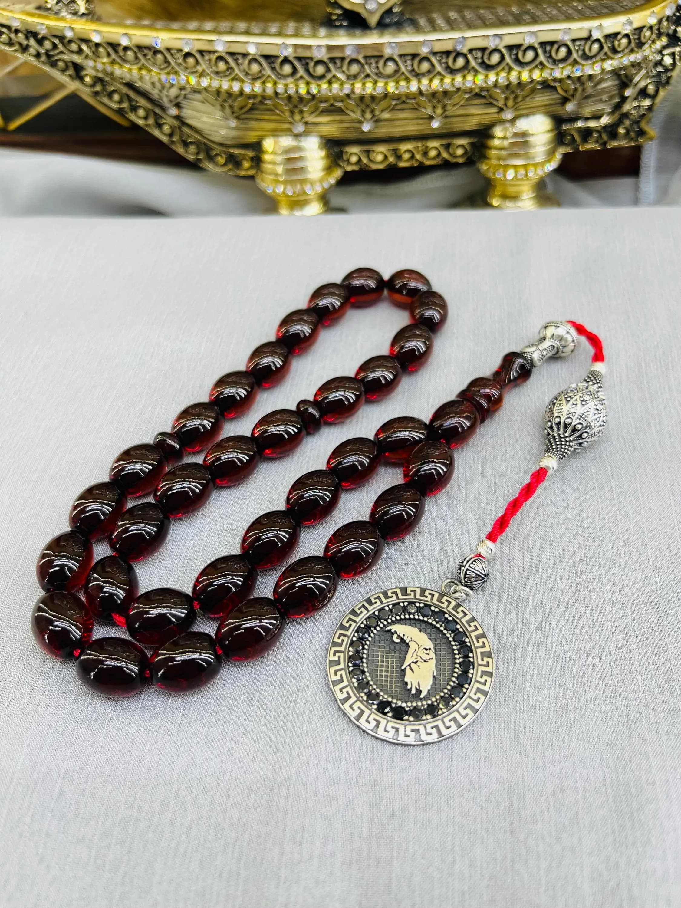 Brown Tasbih, İslamic Rosary, Muslim Beads, Faturan Amber, Misbaha, 925 K Silver Tassel, Black Amber, Similar to Antique Ottoman Tasbih