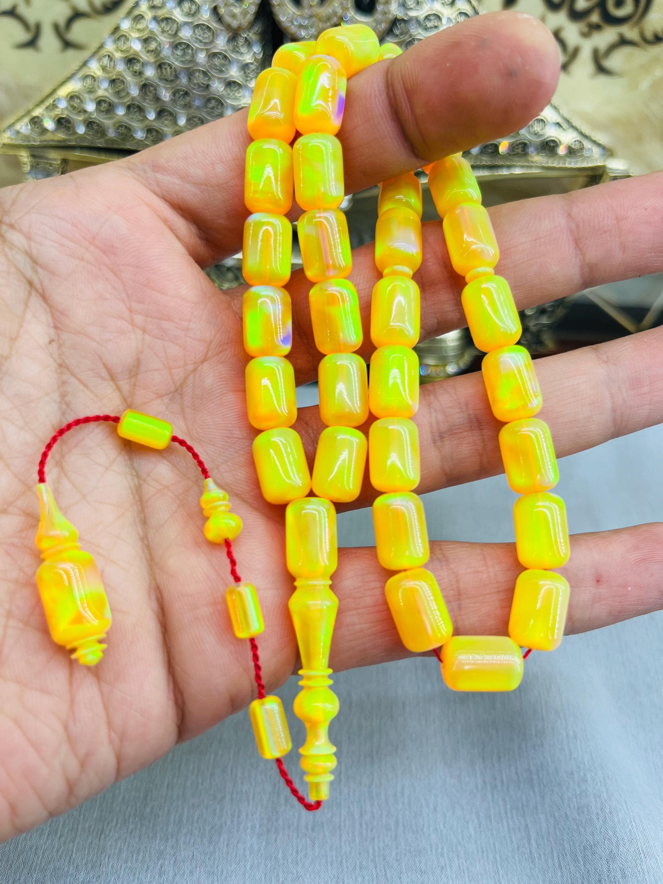 Yellow Opal, 12x8mm Islamic Prayer Beads, Muslim Rosary, Tasbeeh 33, Collectible Tasbih, Blue Opal Tasbih, Luxury Beads, Gift for Muslim Dad