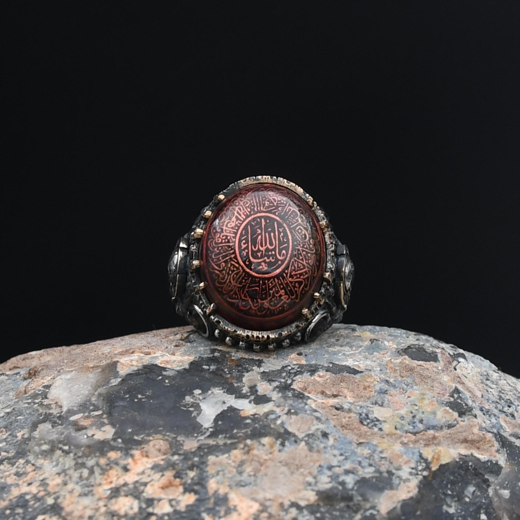 Holy Quran Ring, İslamic Silver Ring, 925 Sterling Silver Ring, Amber Stone Ring, Men's Handmade Turkish Ring - image 4