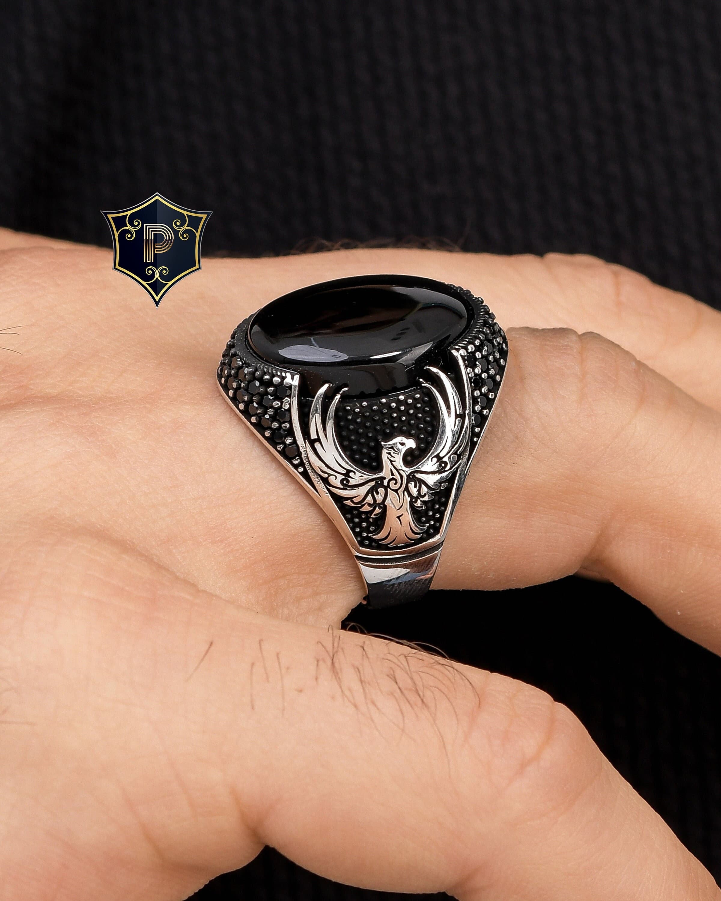 Phoenix Silver Ring, Black Onyx Stone Ring, Men's Handmade Silver Ring, 925 Sterling Silver Ring, Phoenix Mens Ring, Turkish Ring