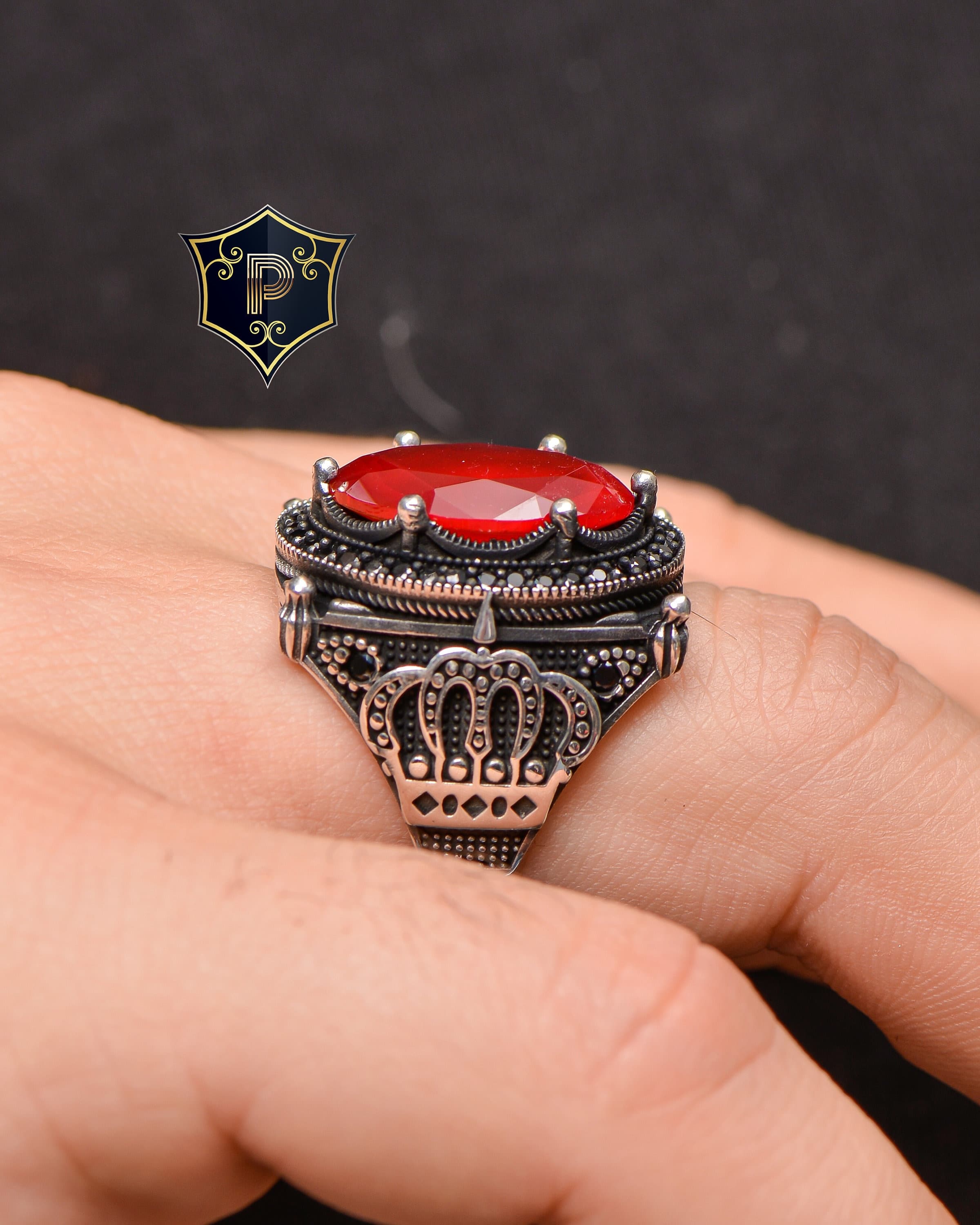 Red Zircon Silver Ring, Crown Ring, Turkish Handmade Silver Men Ring, 925 Sterling Silver, Zircon Ring, Mens Jewelry, Gift For Him - image 5