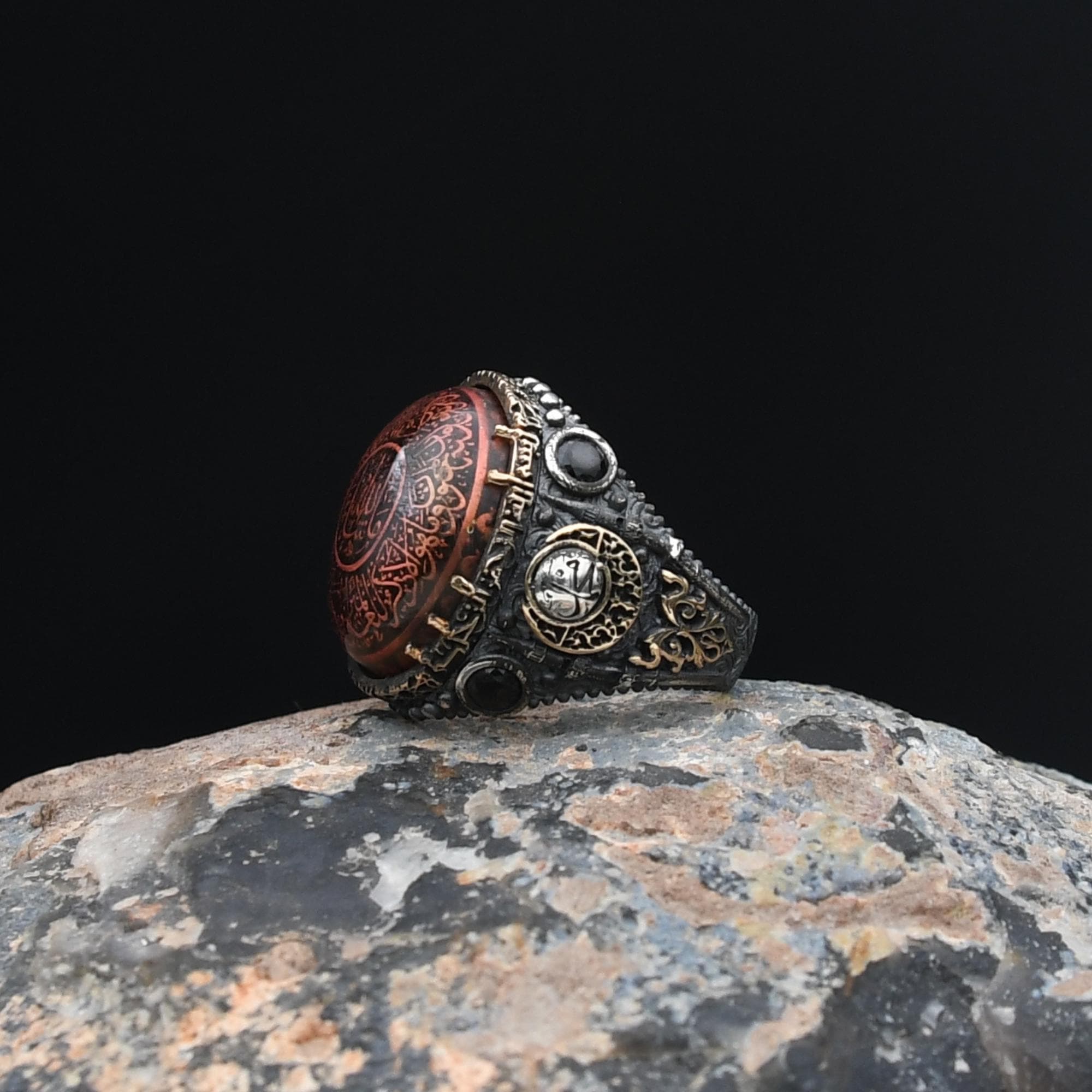 Holy Quran Ring, İslamic Silver Ring, 925 Sterling Silver Ring, Amber Stone Ring, Men's Handmade Turkish Ring - image 3