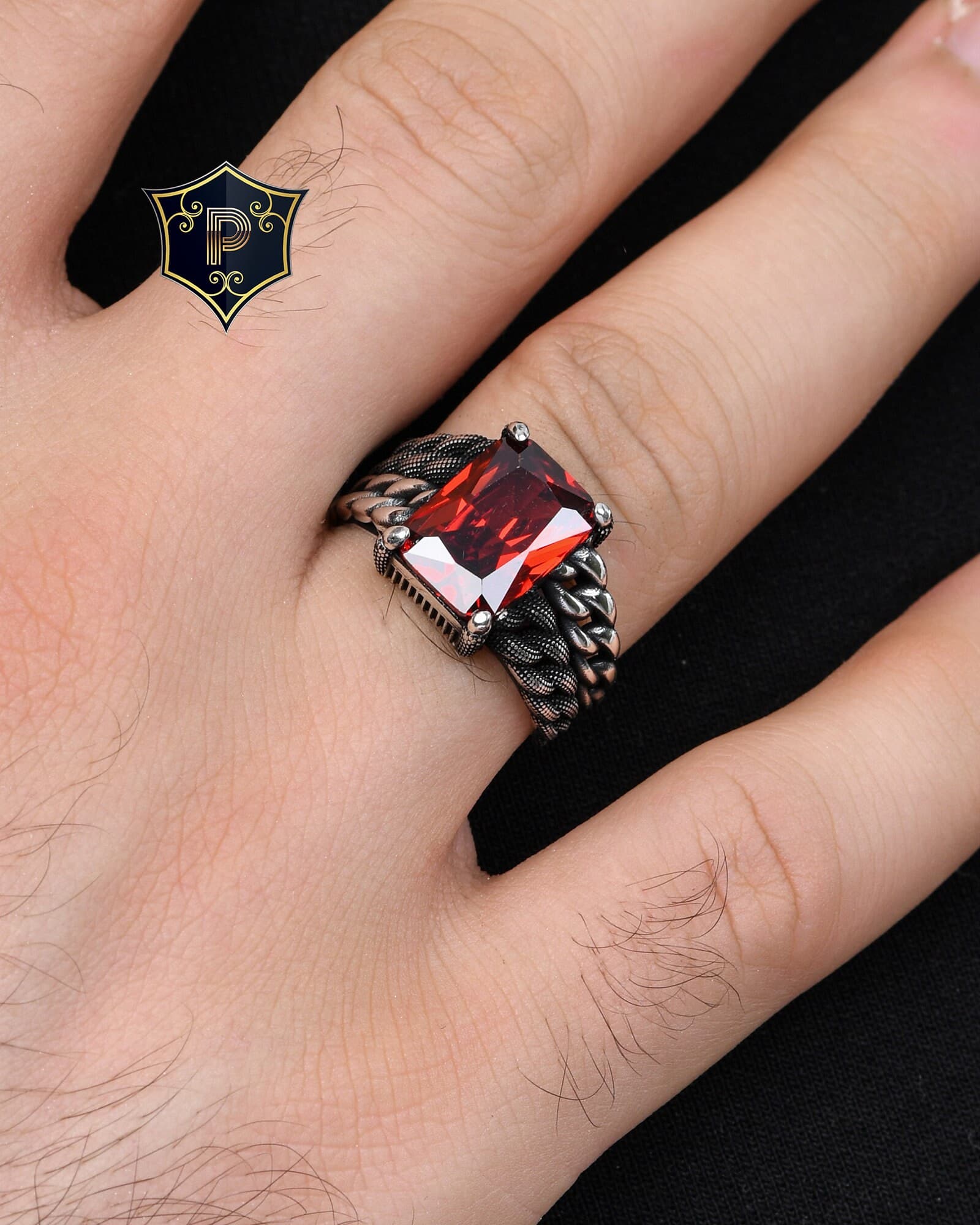 Curb Chain Design Ring, Turkish Silver Ring, Men's Red Garnet Silver Ring, Handmade Gemstone Ring, 925 Sterling Silver, Gift for Men - image 3