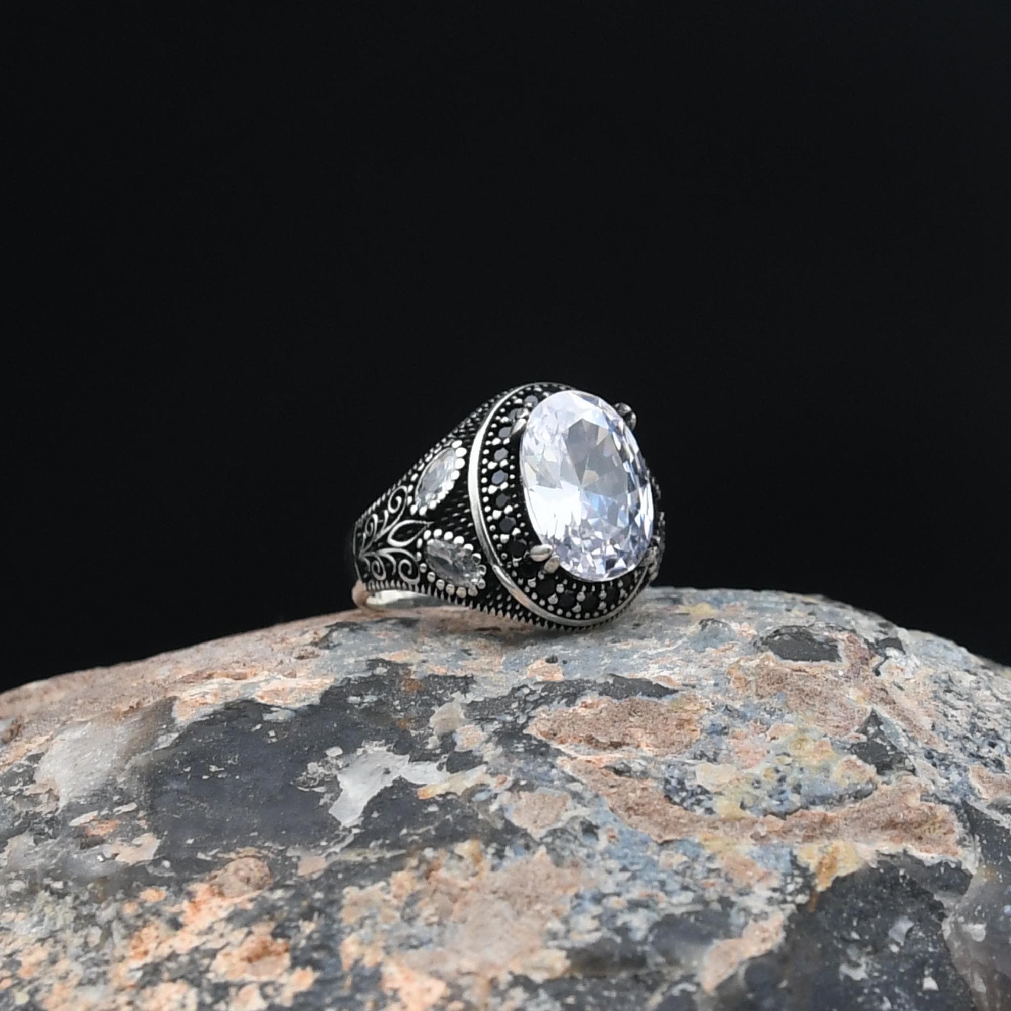 White Zircon Gemstone Ring, 925 Sterling Silver, Turkish Handmade Silver Ring, Mens Handmade Ring, , Mens Jewelry, Gift For Him - image 3