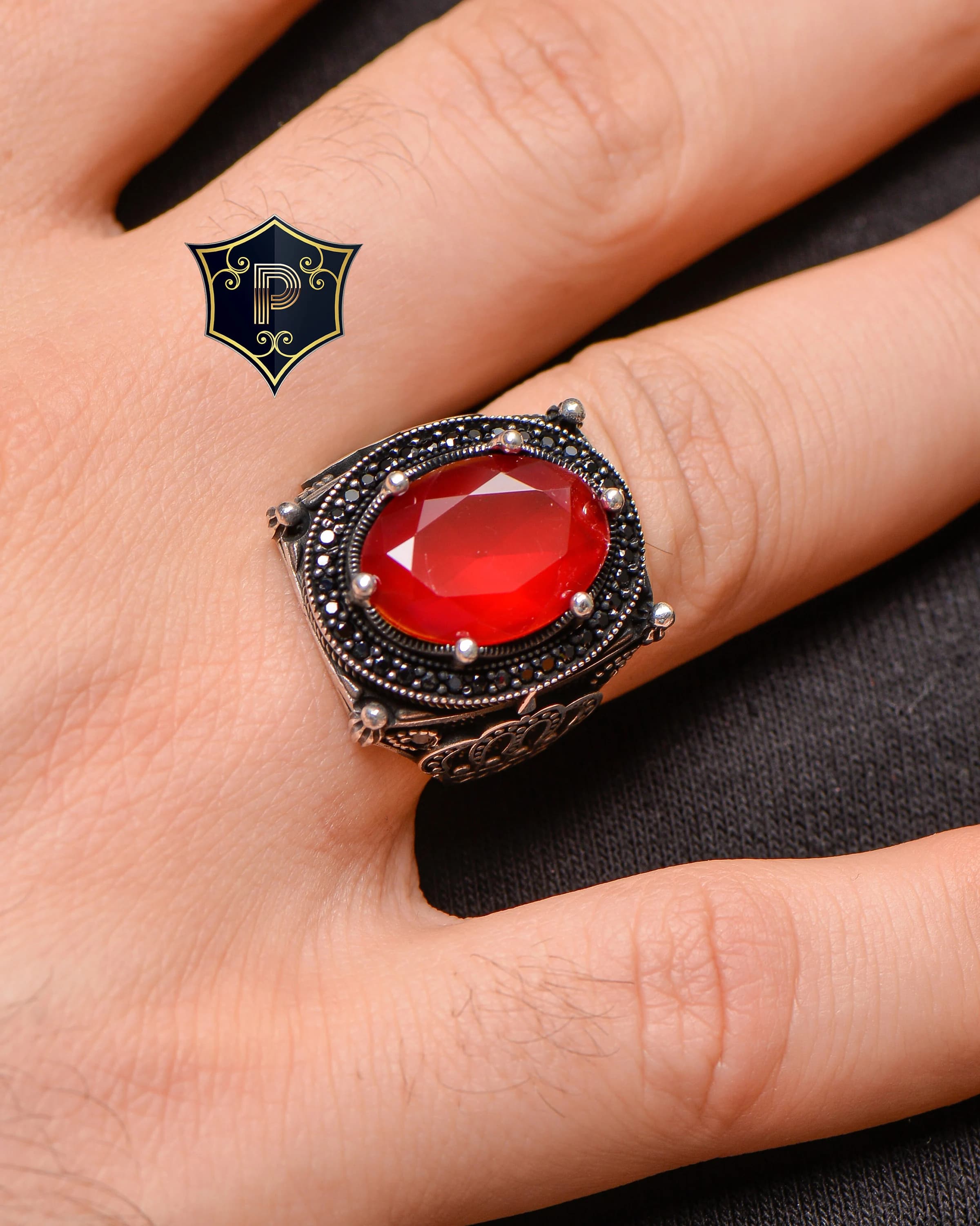 Red Zircon Silver Ring, Crown Ring, Turkish Handmade Silver Men Ring, 925 Sterling Silver, Zircon Ring, Mens Jewelry, Gift For Him - image 3