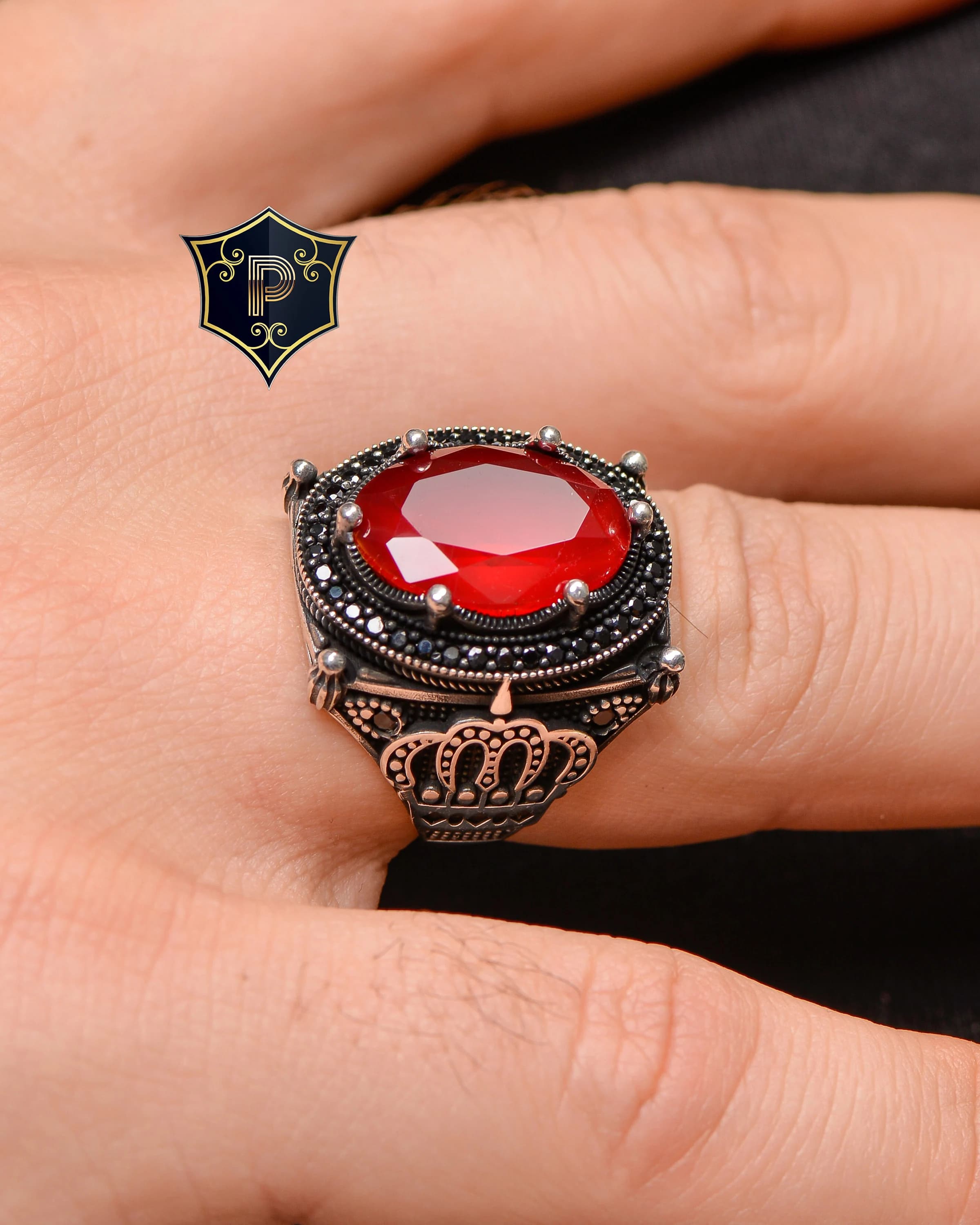 Red Zircon Silver Ring, Crown Ring, Turkish Handmade Silver Men Ring, 925 Sterling Silver, Zircon Ring, Mens Jewelry, Gift For Him - image 4
