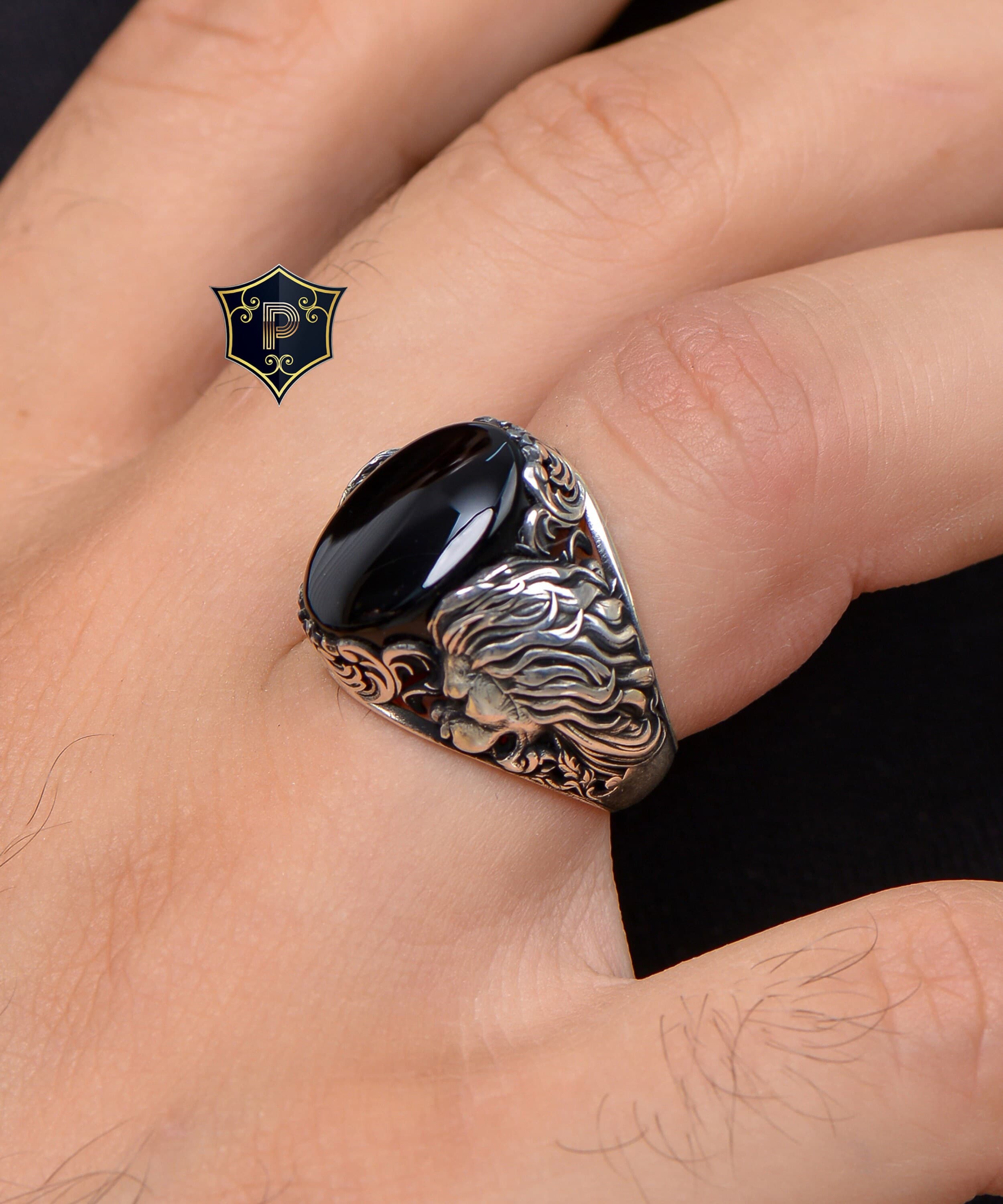Onyx Gemstone Ring, lion Silver Ring, 925k Sterling Silver Ring, Mens Turkish Handmade Ring, Animal Ring, Unique Mens Jewelry, Gift for Him - image 4