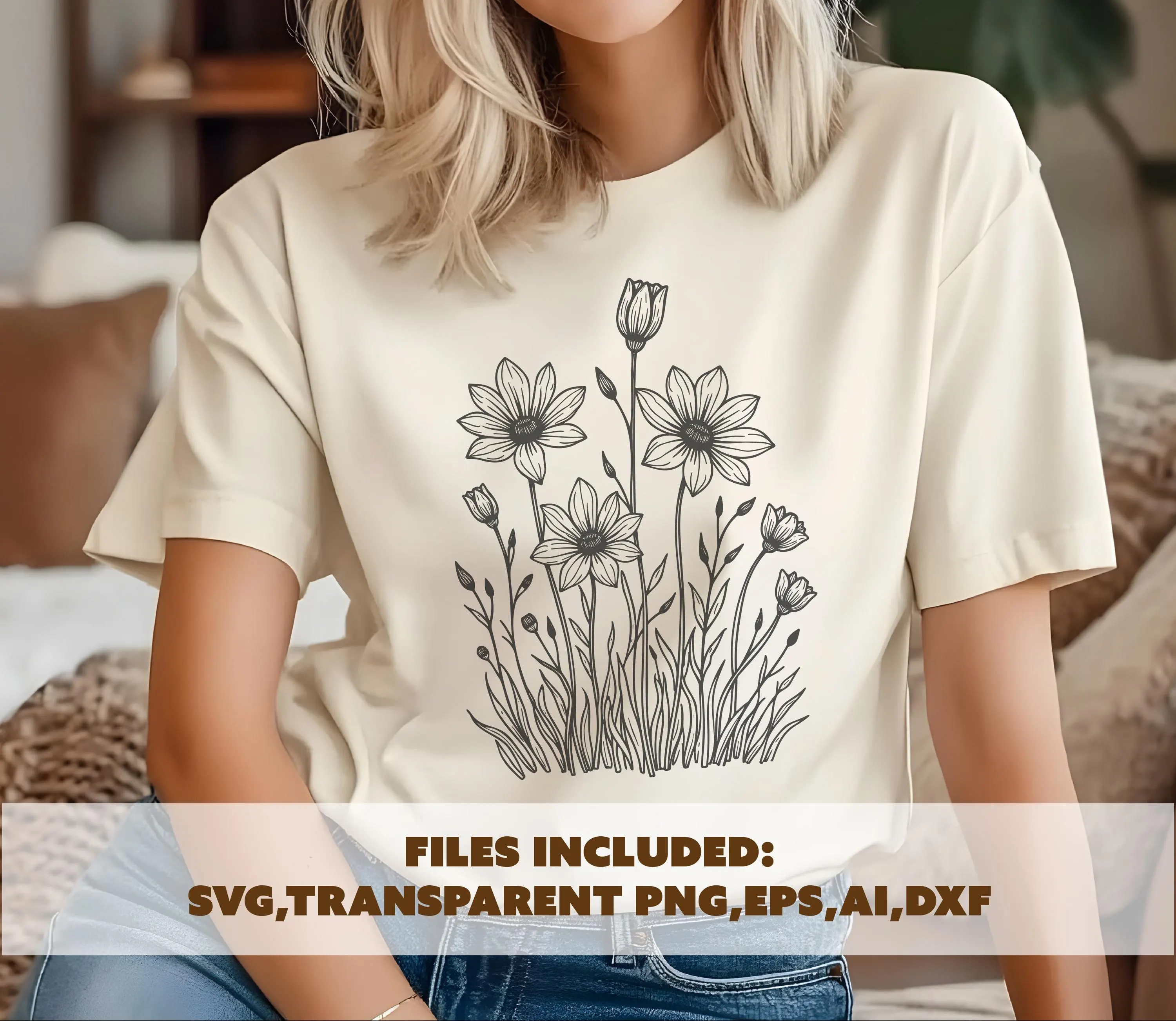 wildflower svg, floral line art png, botanical flower design, black and white floral svg, boho flower clipart, floral vector files