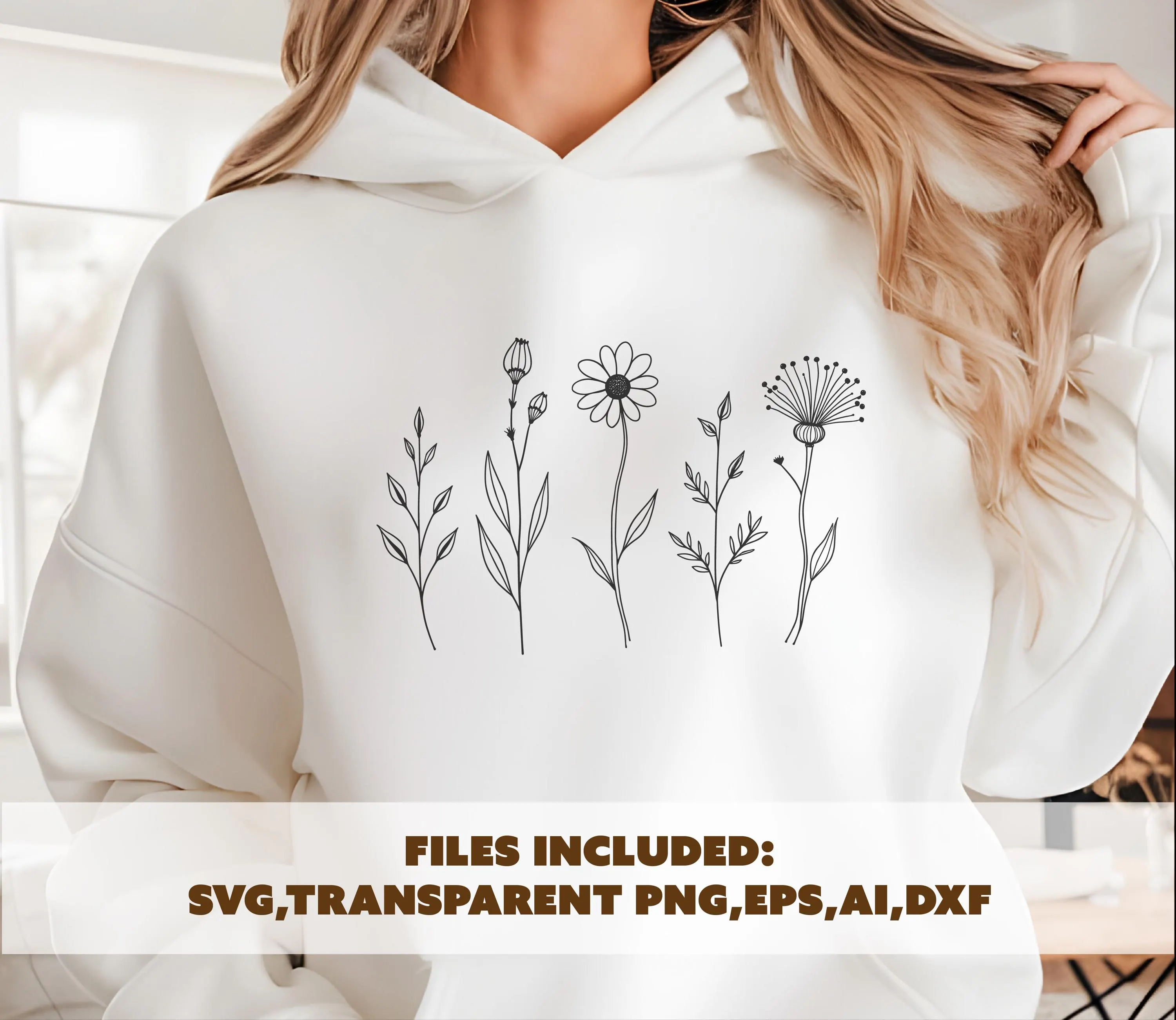 Minimal floral svg, botanical line art png, wildflower design svg, boho flower clipart, floral png files, plant illustration - image 3
