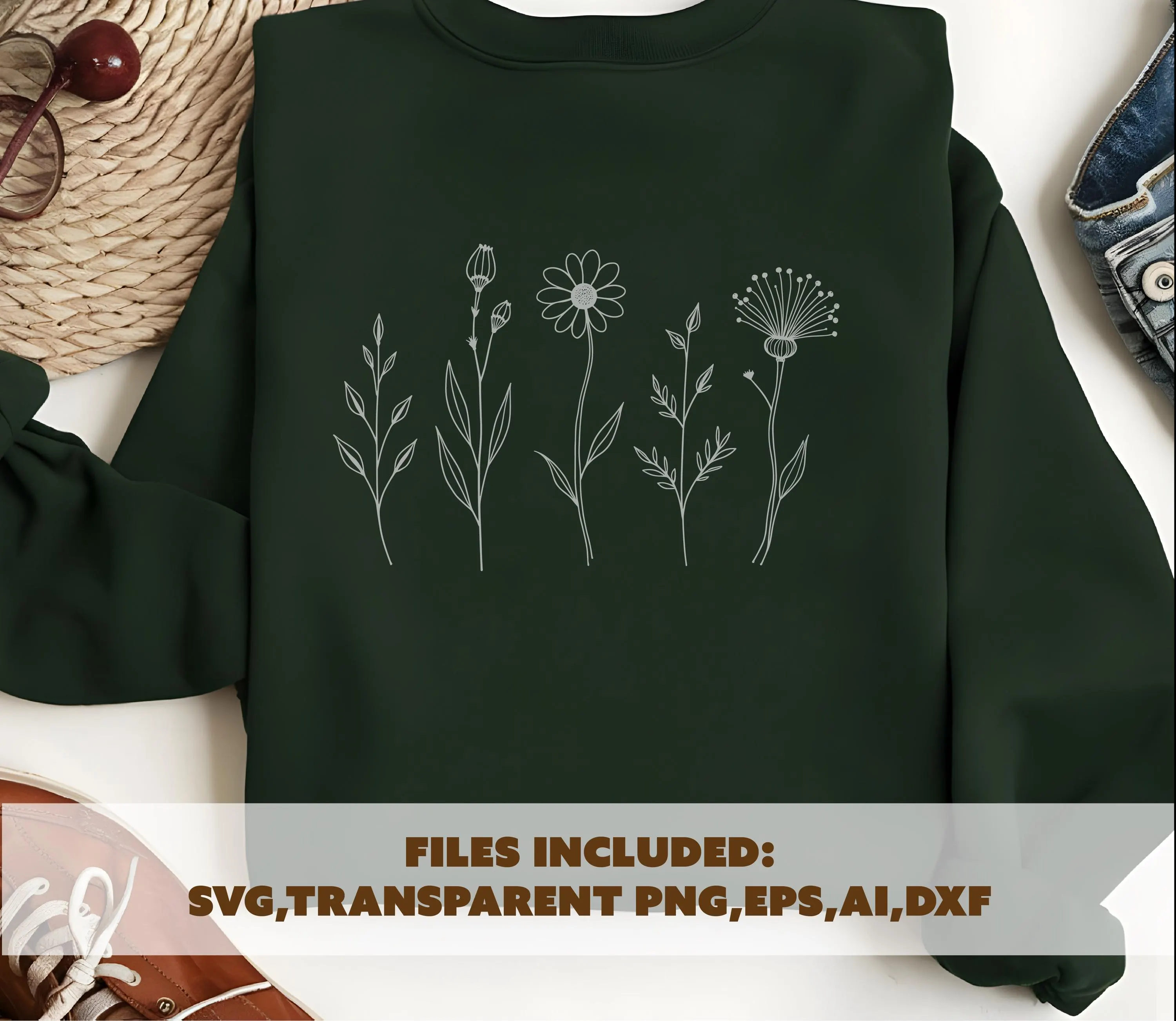 Minimal floral svg, botanical line art png, wildflower design svg, boho flower clipart, floral png files, plant illustration