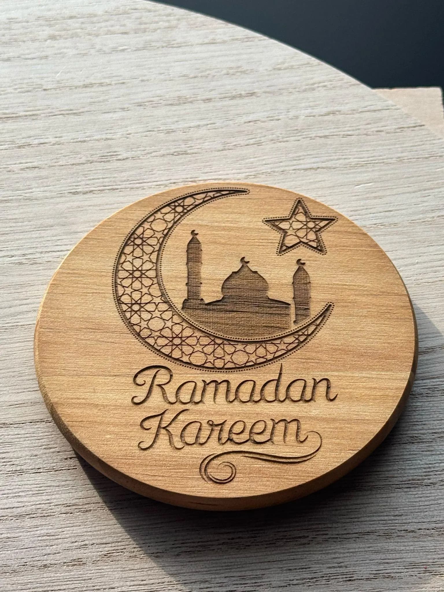 Ramadan Kareem Crescent Moon Coasters, Set of 4 – Handmade Ramadan Decor, Engraved Wooden Coaster Set, Eid Gift, Ramadan Gift - image 4