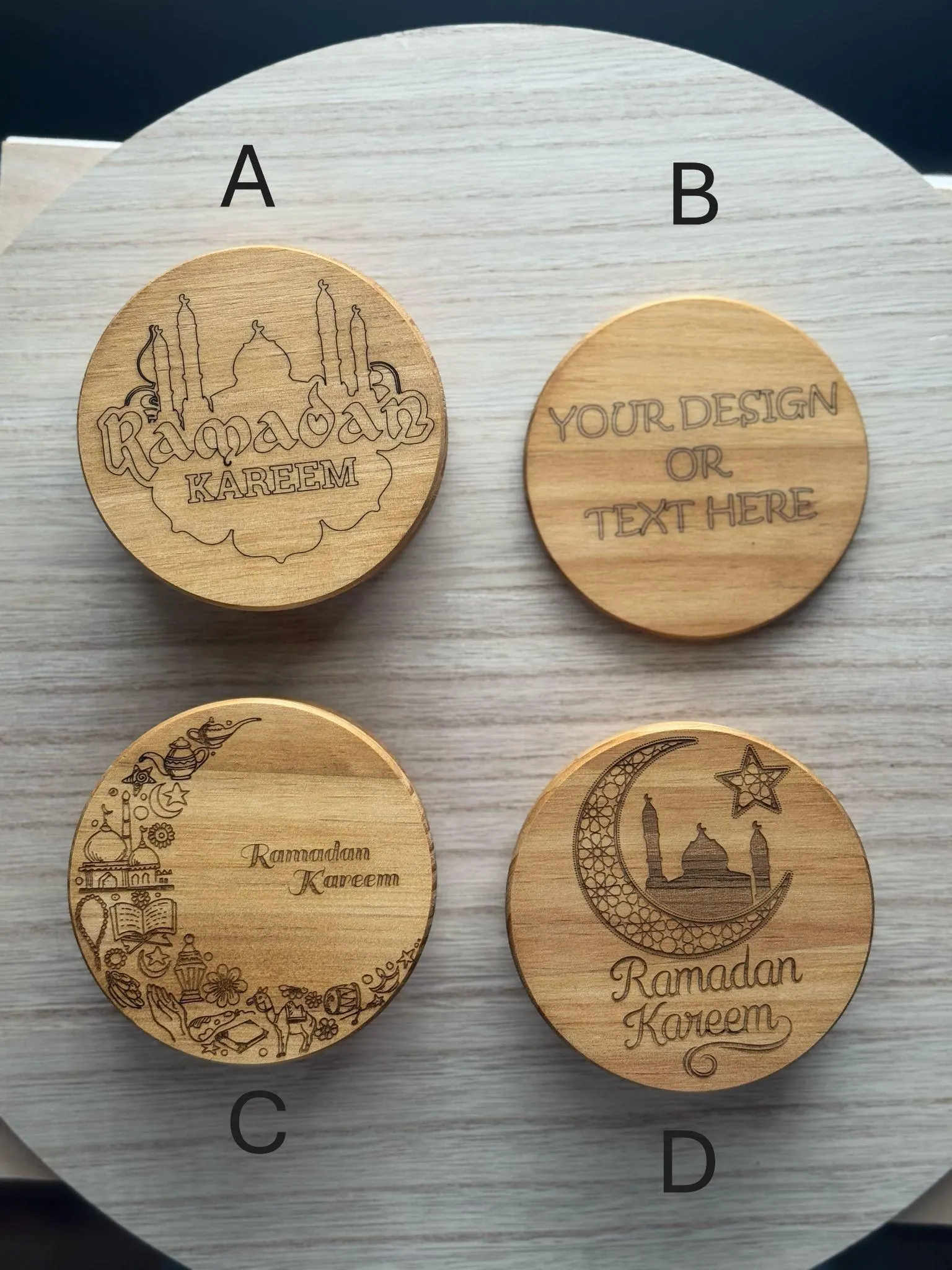 Ramadan Kareem Coasters, Set of 4 – Mix & Match Islamic Wooden Drink Coasters, Eid Decor, Muslim Home Gift, Ramadan Gift Idea