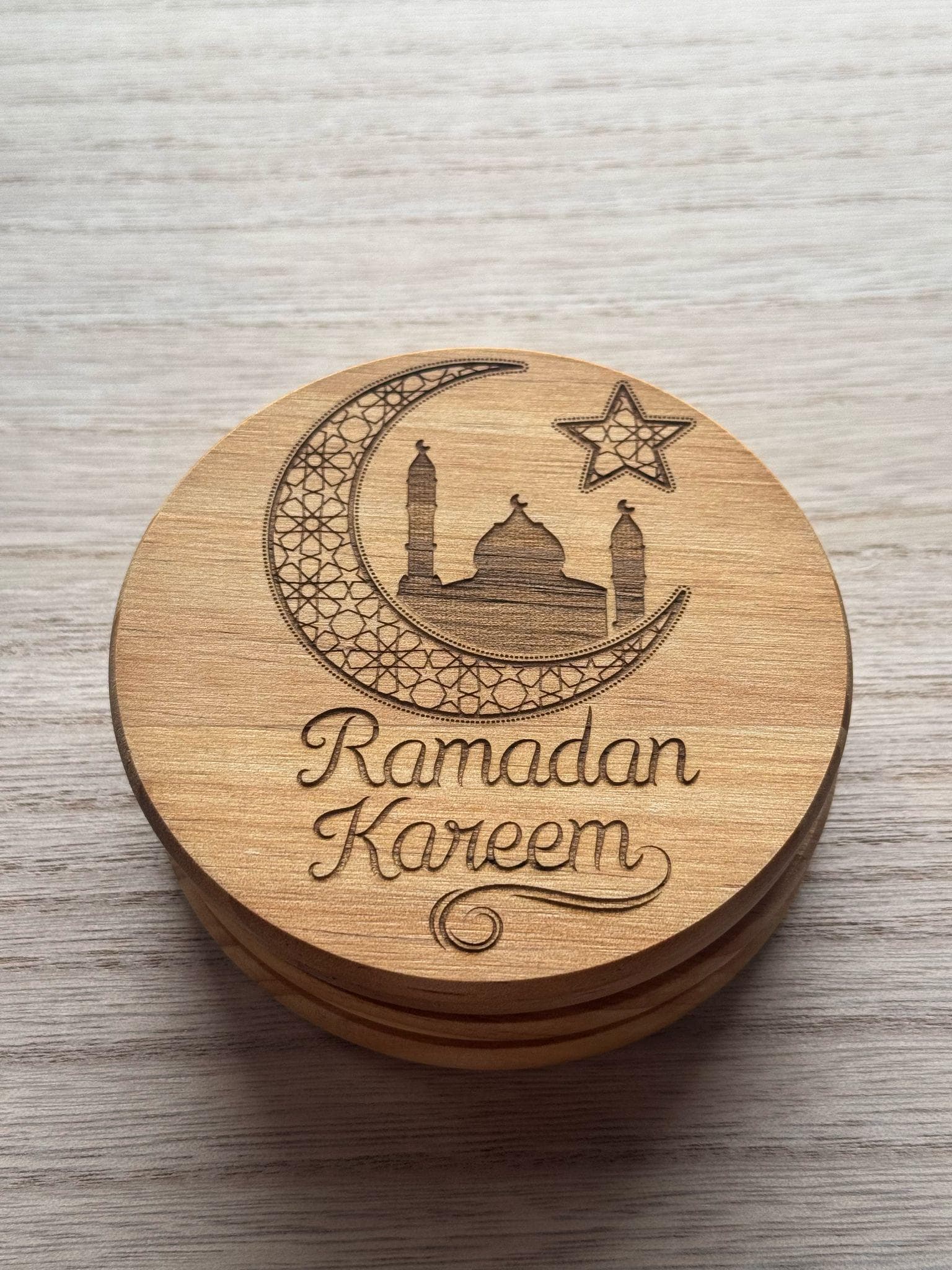 Ramadan Kareem Crescent Moon Coasters, Set of 4 – Handmade Ramadan Decor, Engraved Wooden Coaster Set, Eid Gift, Ramadan Gift - image 5