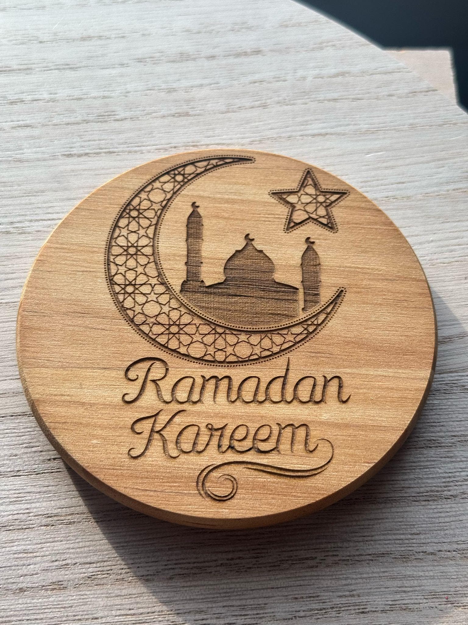 Ramadan Kareem Crescent Moon Coasters, Set of 4 – Handmade Ramadan Decor, Engraved Wooden Coaster Set, Eid Gift, Ramadan Gift - image 3
