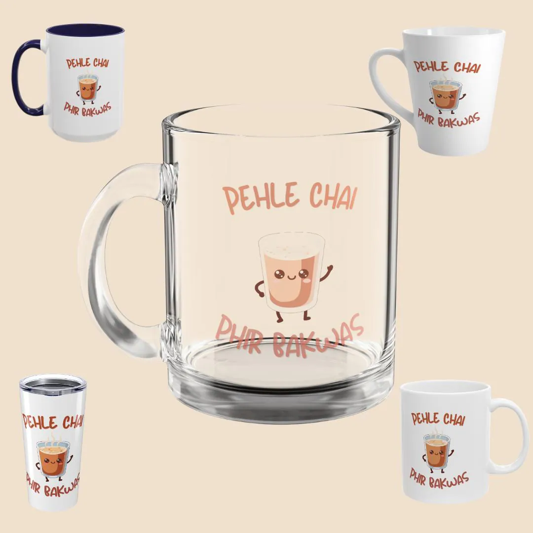 Clear Glass Chai Cup "Pehle Chai Phir Bakwas" Urdu Chai Lover Glass Mug for Chai, Urdu Gift for Indian Dad or Pakistani Mom Desi Mug