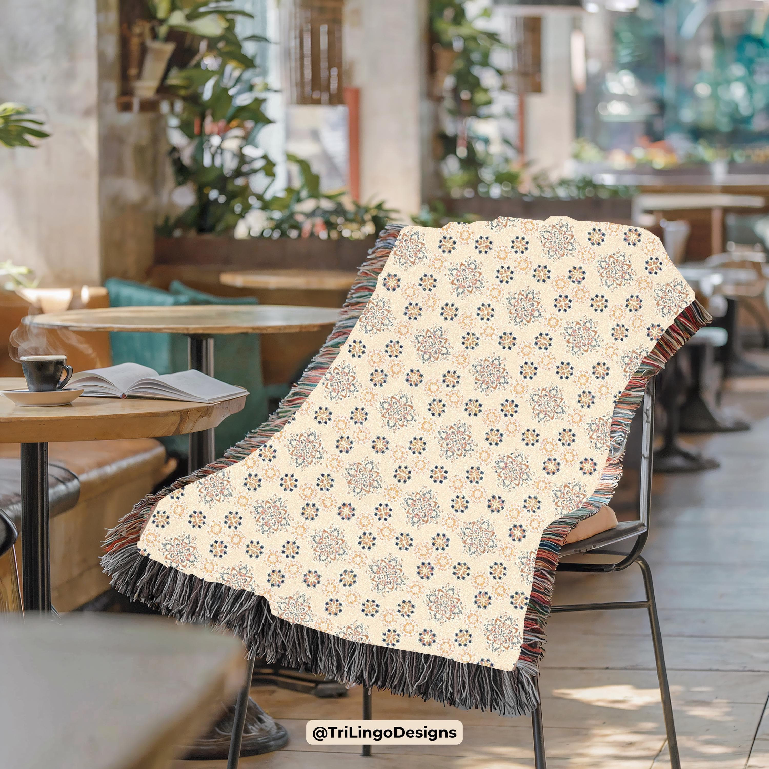 Blue Boho Floral Woven Throw Blanket: 100% Cotton