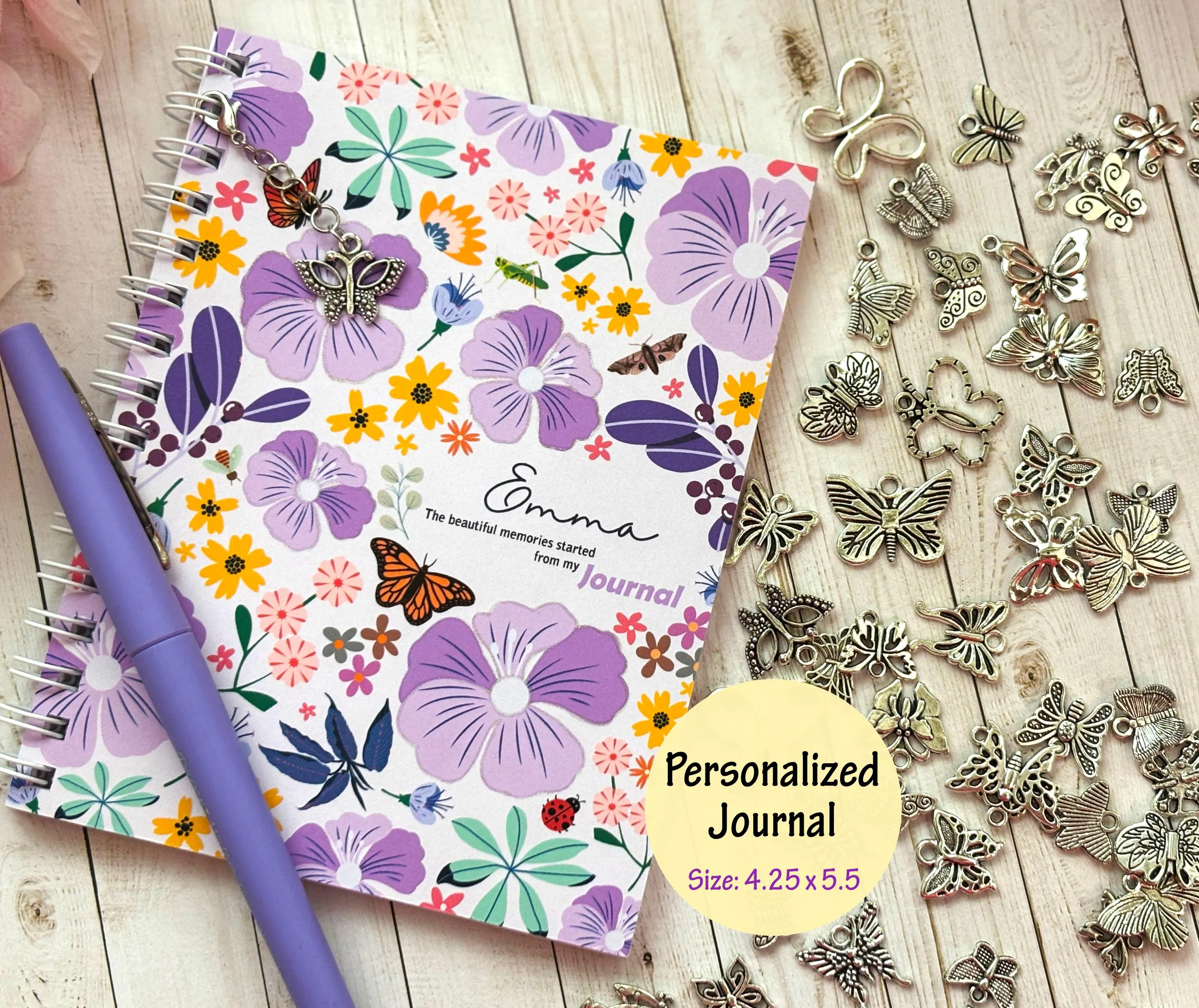 Purple Personalized Wildflowers Journal: Handmade Glittery Notebook for Girls