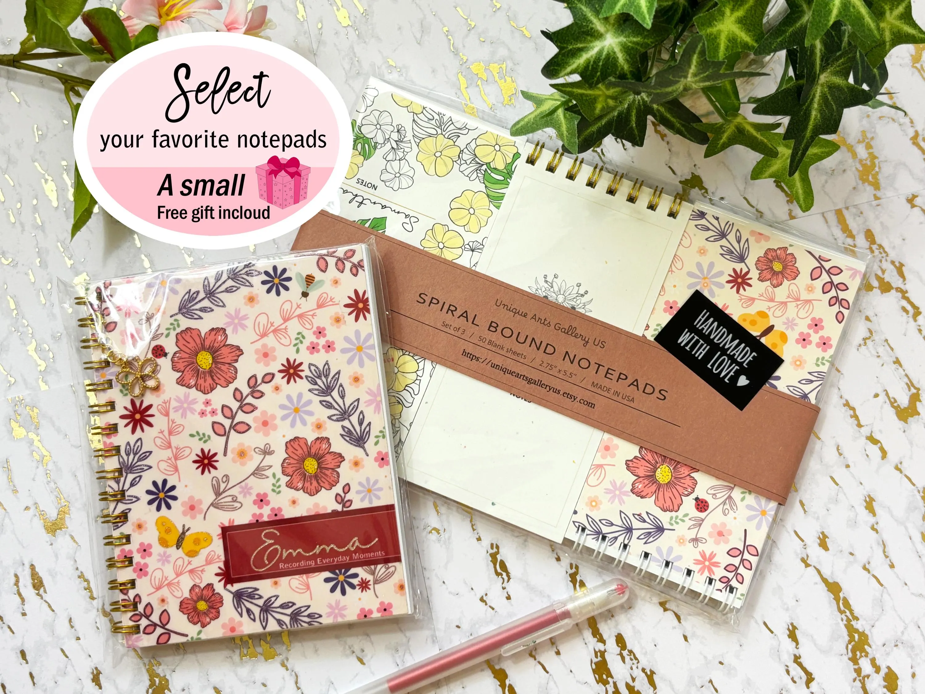 Personalized Floral Stationery Set: Custom Name Notebook & Notepad