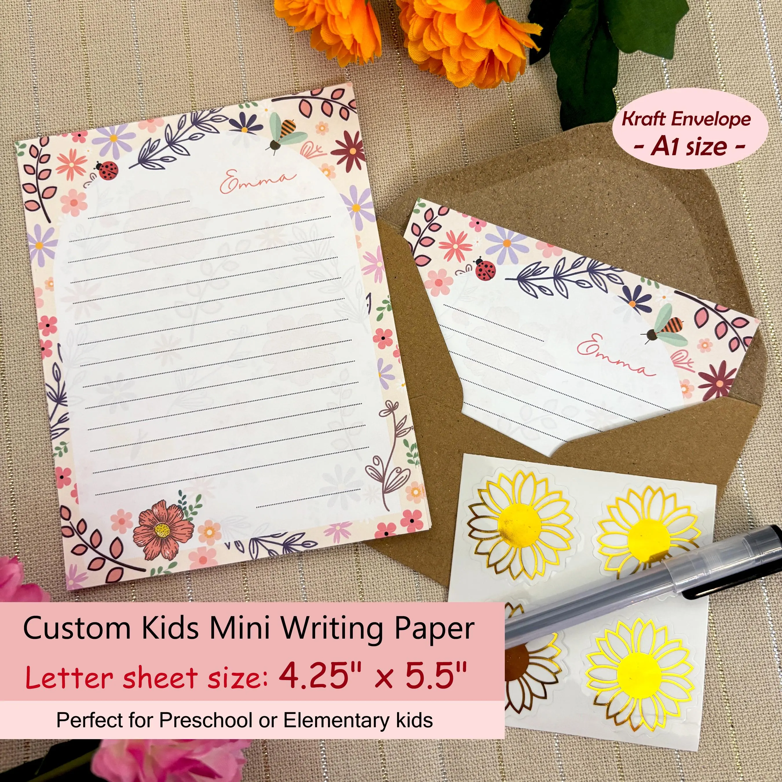 Personalized Wildflower Stationery Set: Kids Letter Writing Papers 4.25x5.5 Note