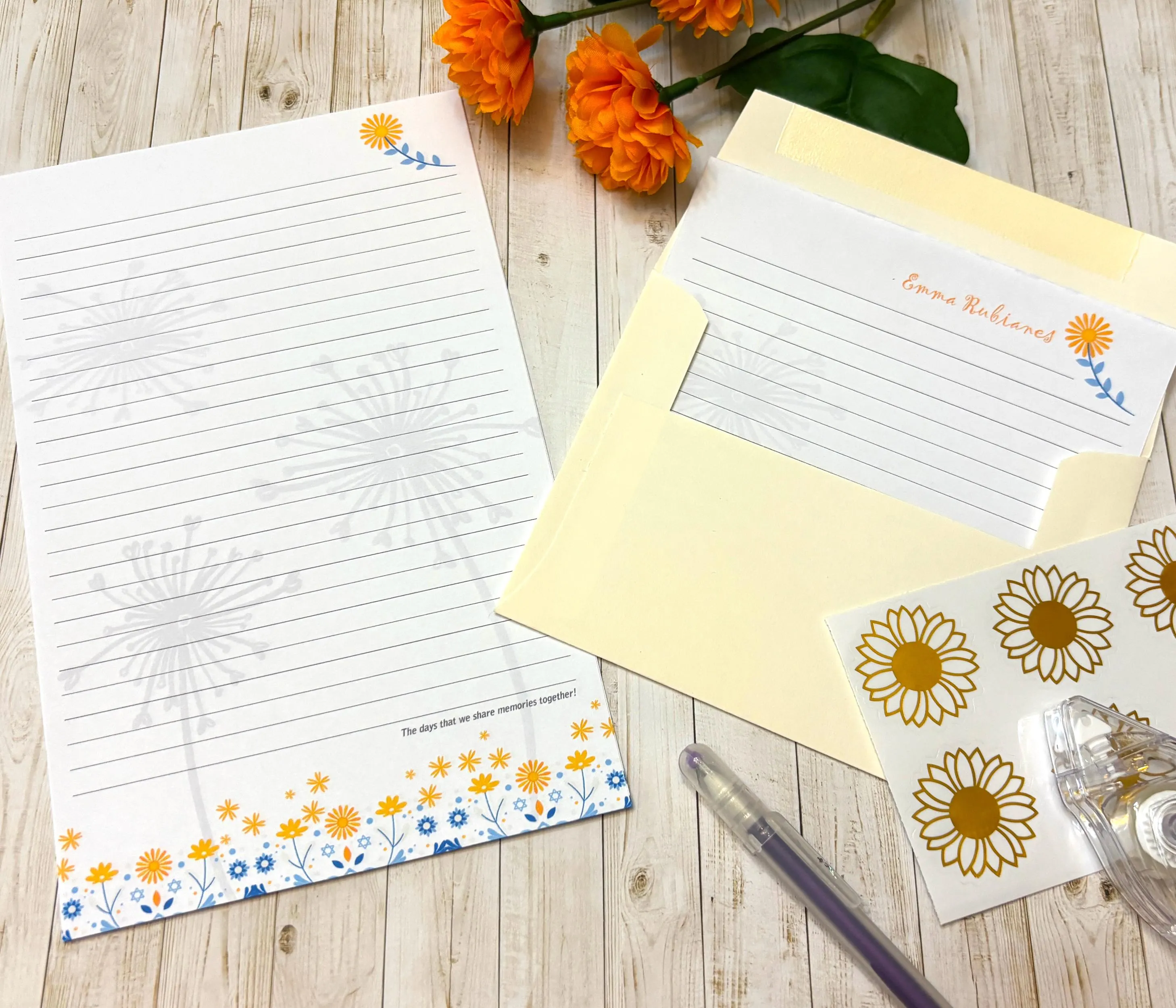 Personalized Yellow Flowers Letter Writing Paper with Envelopes, Handmade Stationery Letters Set