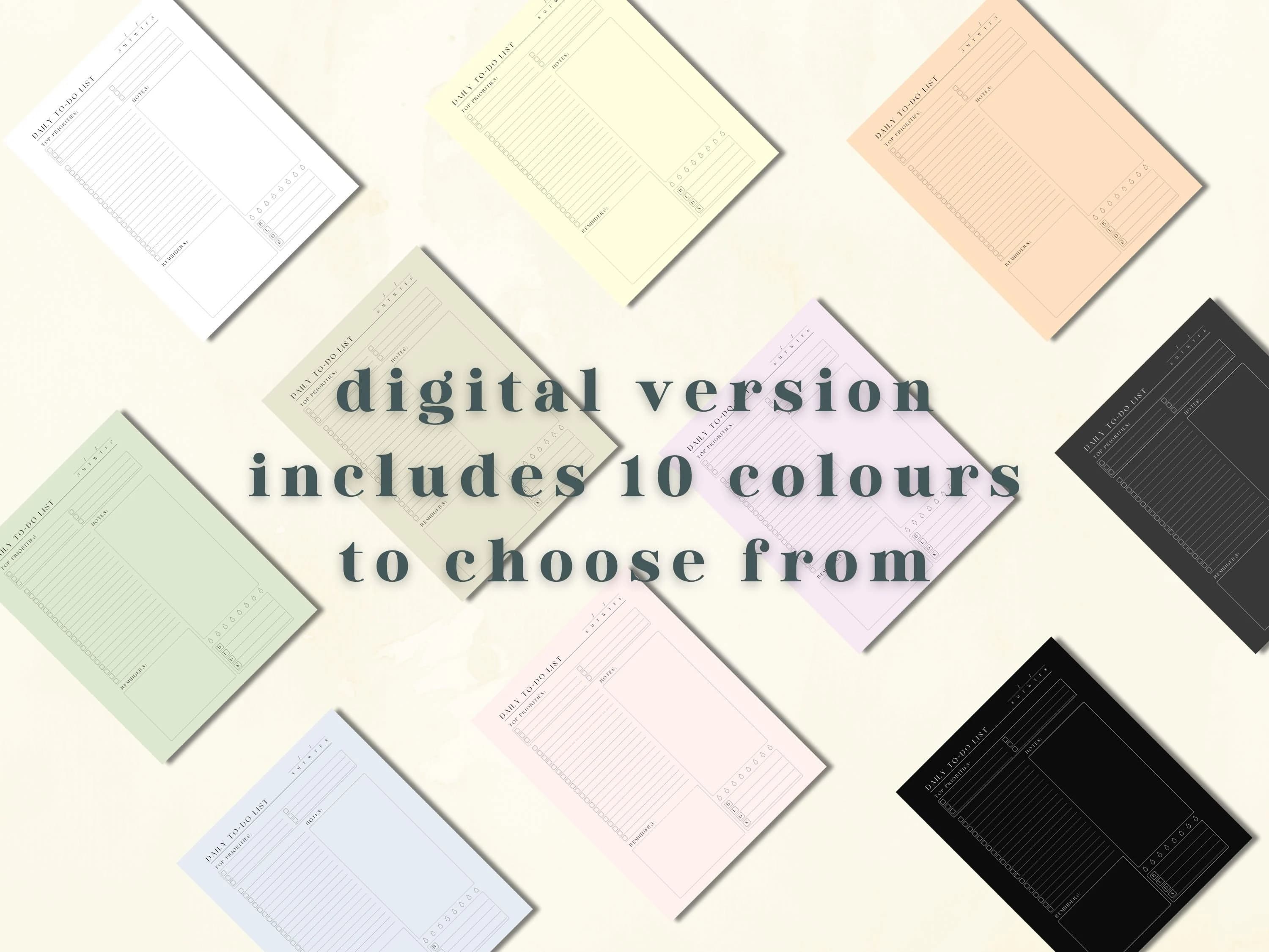 Displays all 10 colour options for the digital to-do list version, stylistically angled. White, sage, sand, butter, powder blue, blush, muted lavender, melon, black, and charcoal. Multiple colour options to choose from.