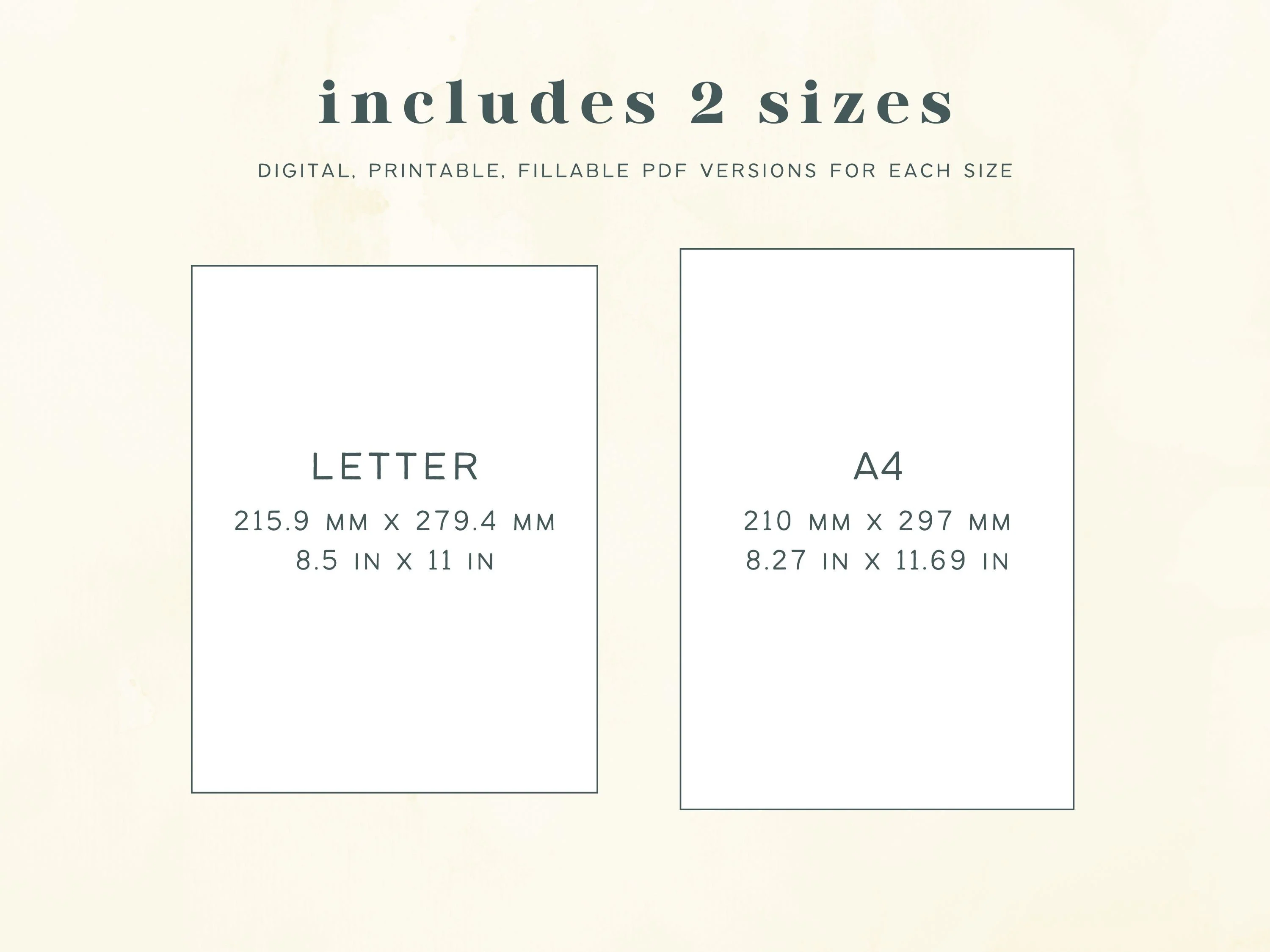 Displays the 2 size variations the daily to do list comes in, A4 and Letter size, noting each size has digital, printable, and fillable PDF versions. White boxes are shown to depict the dimensions and differentiation between the 2 sizes.