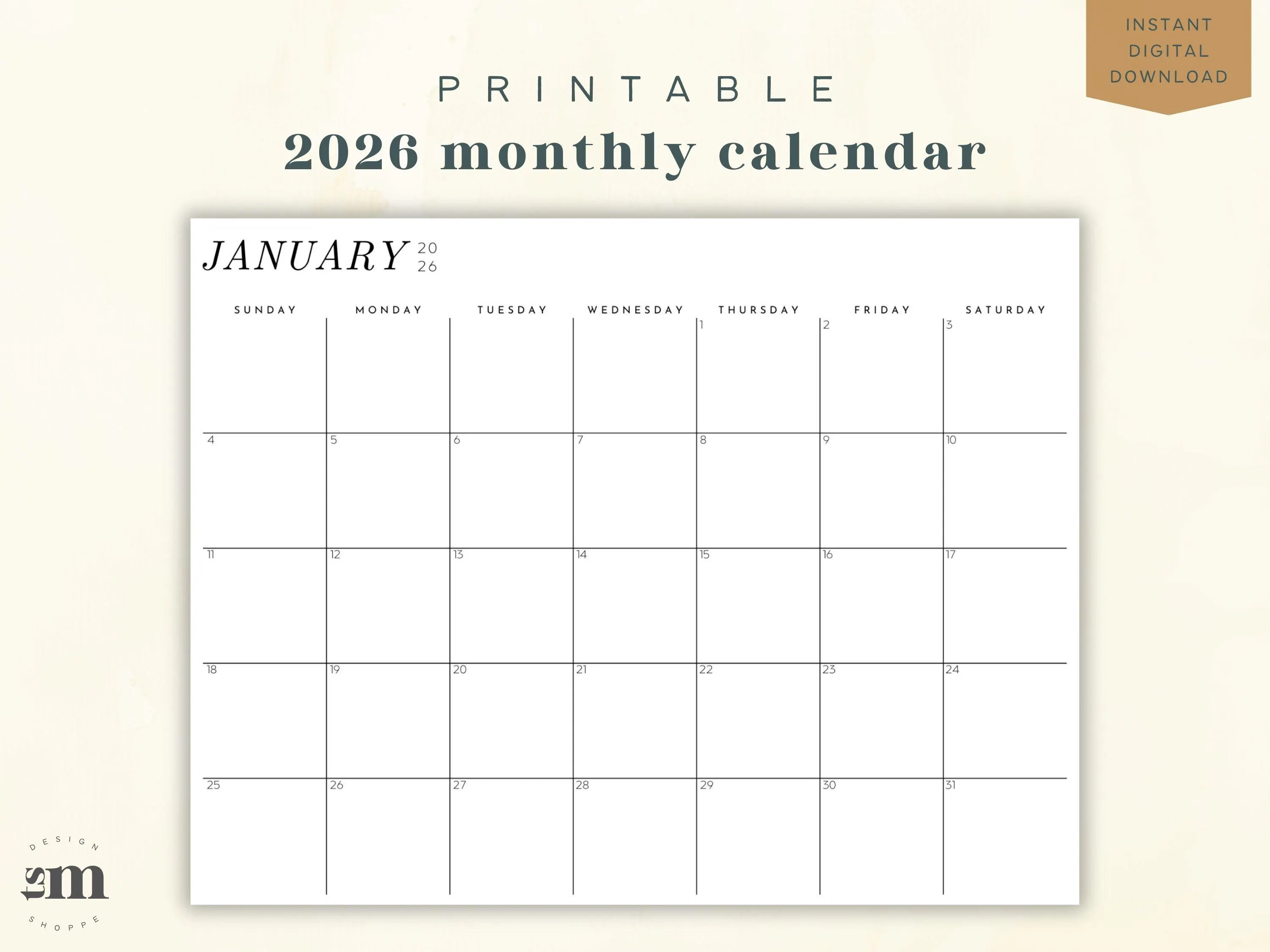 2026 Calendar Printable | Monthly Calendar Pages | Letter Size, Landscape PDF | Sunday & Monday Start