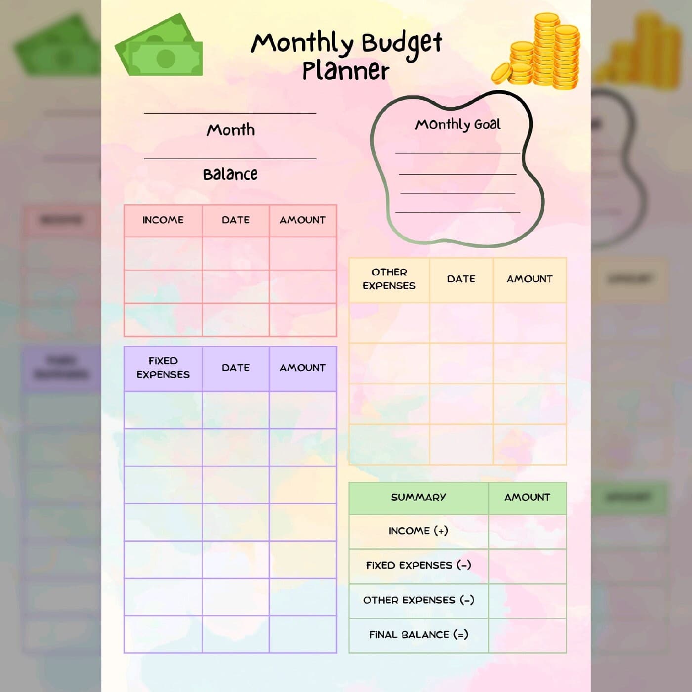 Monthly Budget Planner | Fillable Finance Overview | Printable PDF