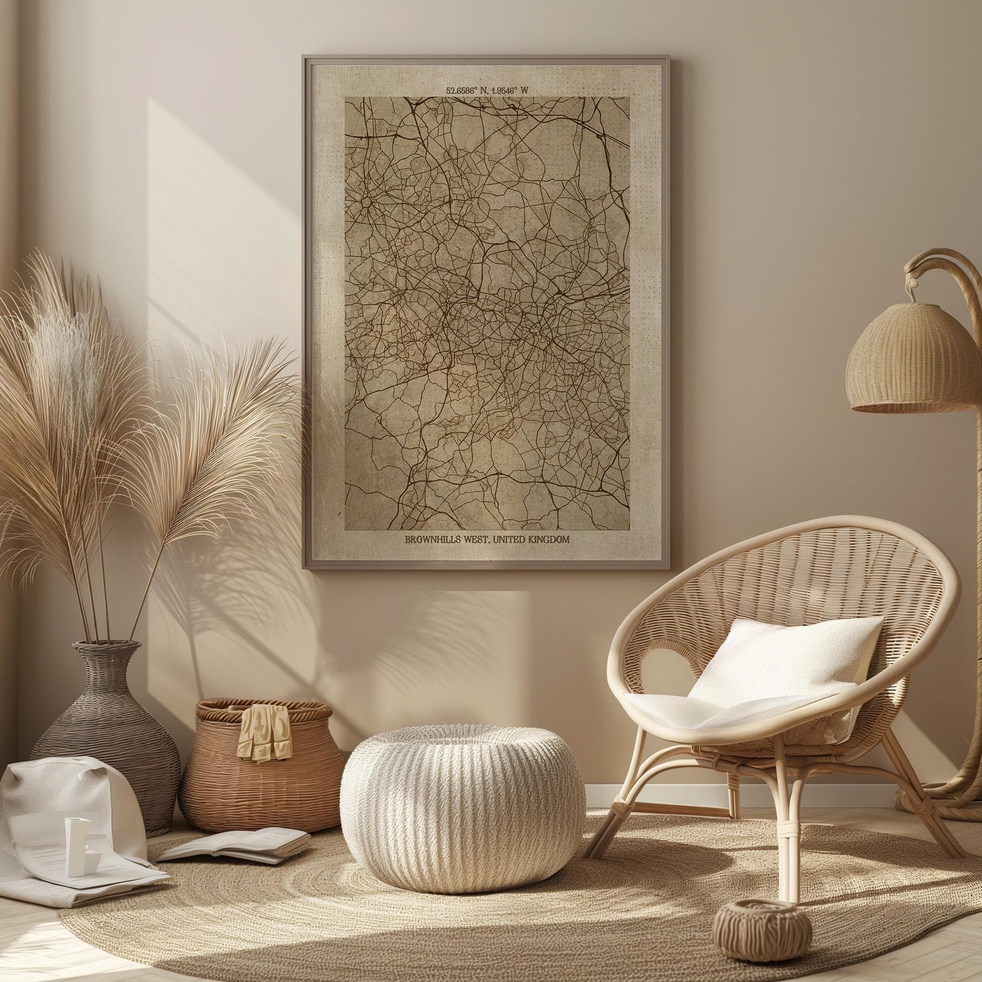 a cozy living room with a large map of the world hanging on the wall, a woven chair, a woven ottoman, and a lamp.