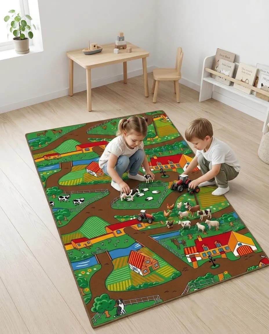 Alfombra infantil de granja, alfombra de juegos para guardería, alfombra de juegos con animales, decoración de corral, alfombra de juegos para niños pequeños, alfombra con escena de granja, alfombra para sala de juegos, alfombra de camino de pueblo, alfombra para dormitorio infantil, alfombra educativa, alfombra campestre, regalo con temática de granja, alfombra para niños