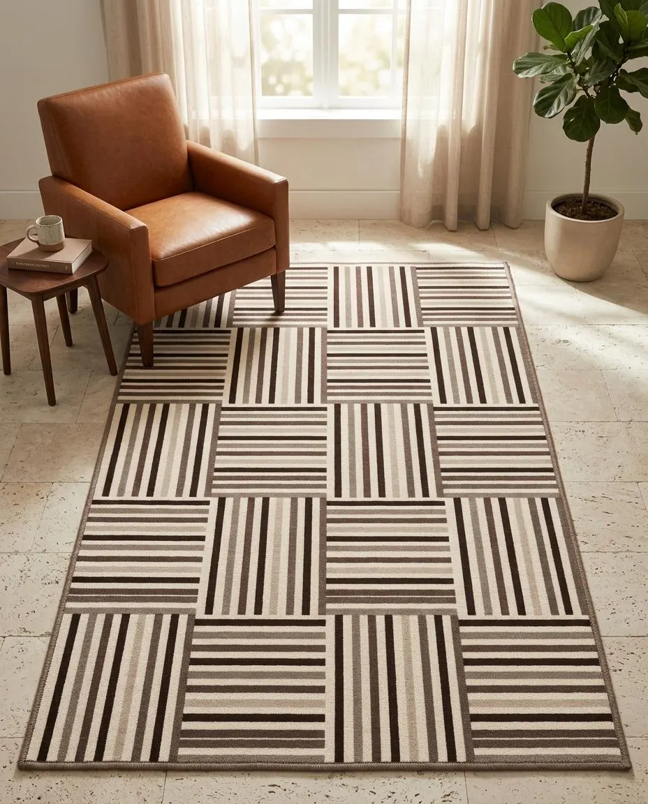 Alternating Striped Grid Pattern area rug with brown, beige, cream, taupe design, modern minima. Alternating Striped Grid Pattern area rug mit brown, beige, cream, taupe Design, modern minimal. Area Rug alternating striped grid pattern au design brown, beige, cream, taupe, décor modern mi. Area Rug alternating striped grid pattern con diseño brown, beige, cream, taupe, decoración mod. Area Rug alternating striped grid pattern con design brown, beige, cream, taupe, arredo modern.