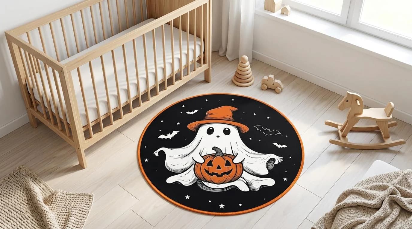 Friendly Ghost round rug with black, orange, white design, kawaii cartoon illustration decor fo. Friendly Ghost round rug mit black, orange, white Design, kawaii cartoon illustration Deko für. Round Rug friendly ghost au design black, orange, white, décor kawaii cartoon illustration pour. Round Rug friendly ghost con diseño black, orange, white, decoración kawaii cartoon illustratio. Round Rug friendly ghost con design black, orange, white, arredo kawaii cartoon illustration pe.