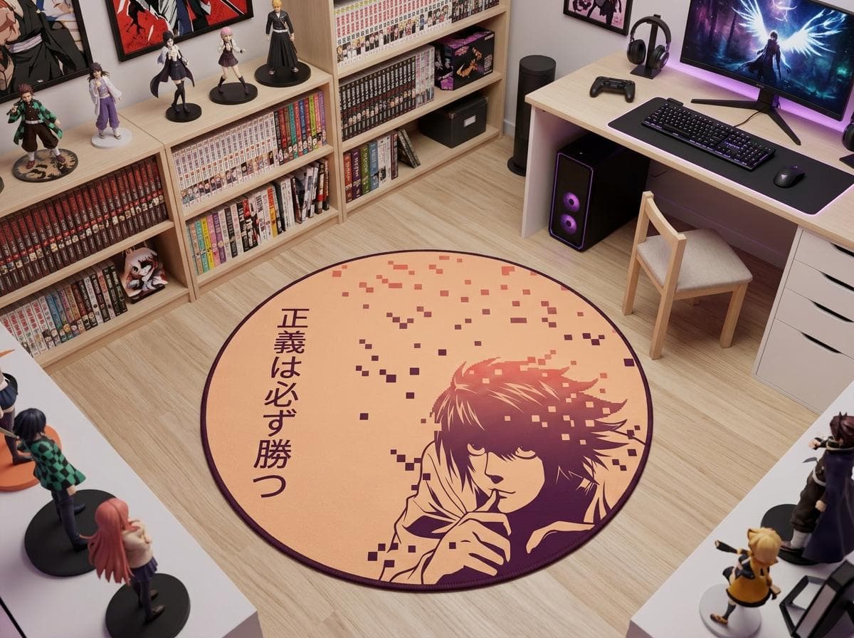 Anime Detective L Round Rug, Justice Quote Manga Pop Art Floor Mat